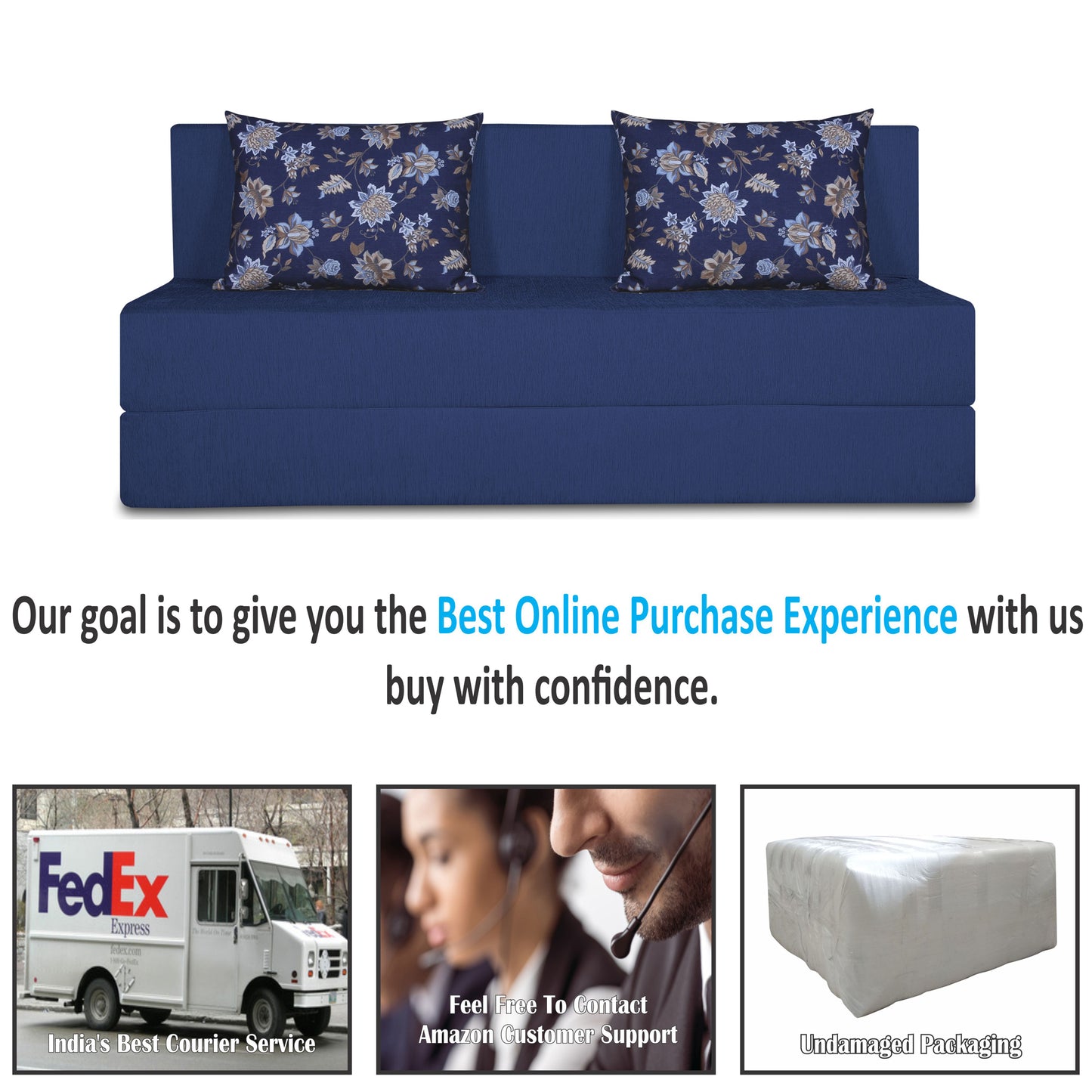 Adorn India Easy Three Seater Sofa Cum Bed Floral '5 x 6' (Blue), Foam