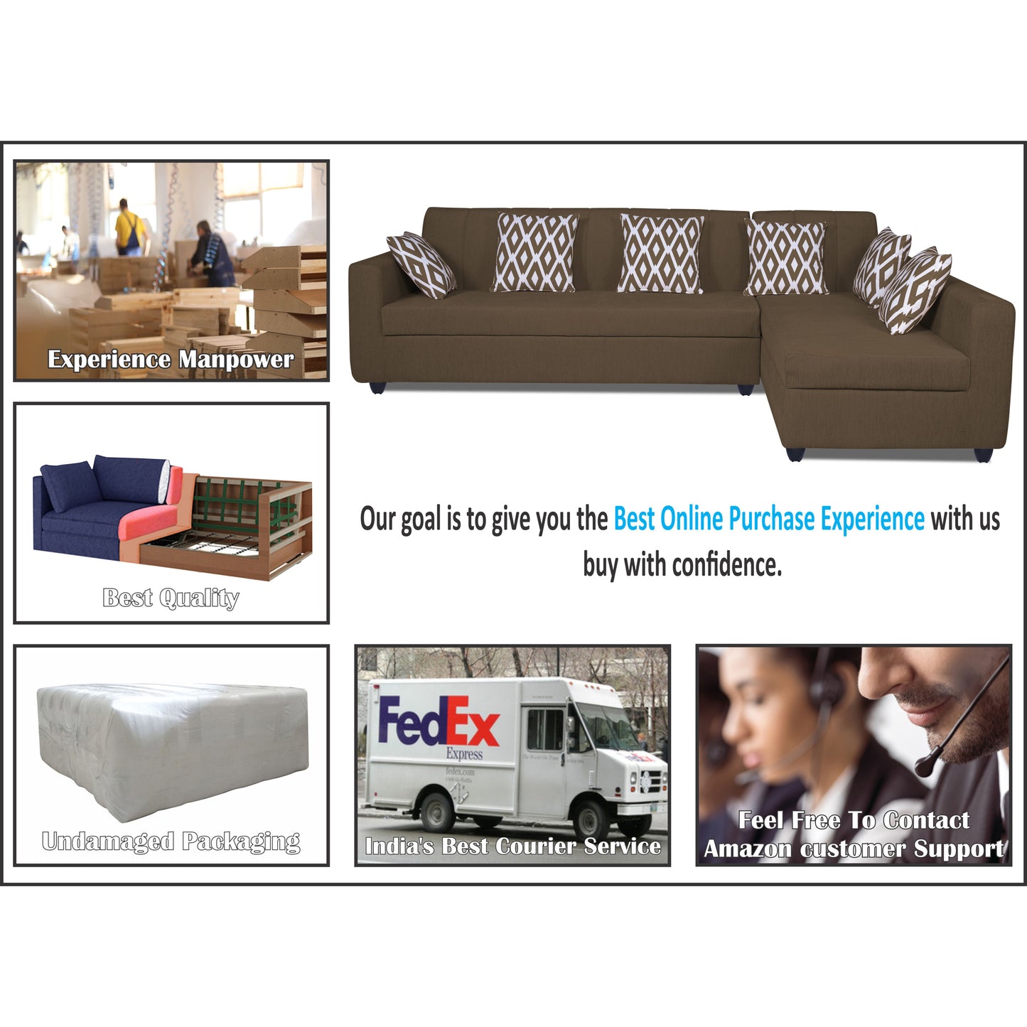 Adorn India Rio HighBack L Shape 6 Seater Sofa Set (Right Hand Side) (Camel) (3 Year Warranty)