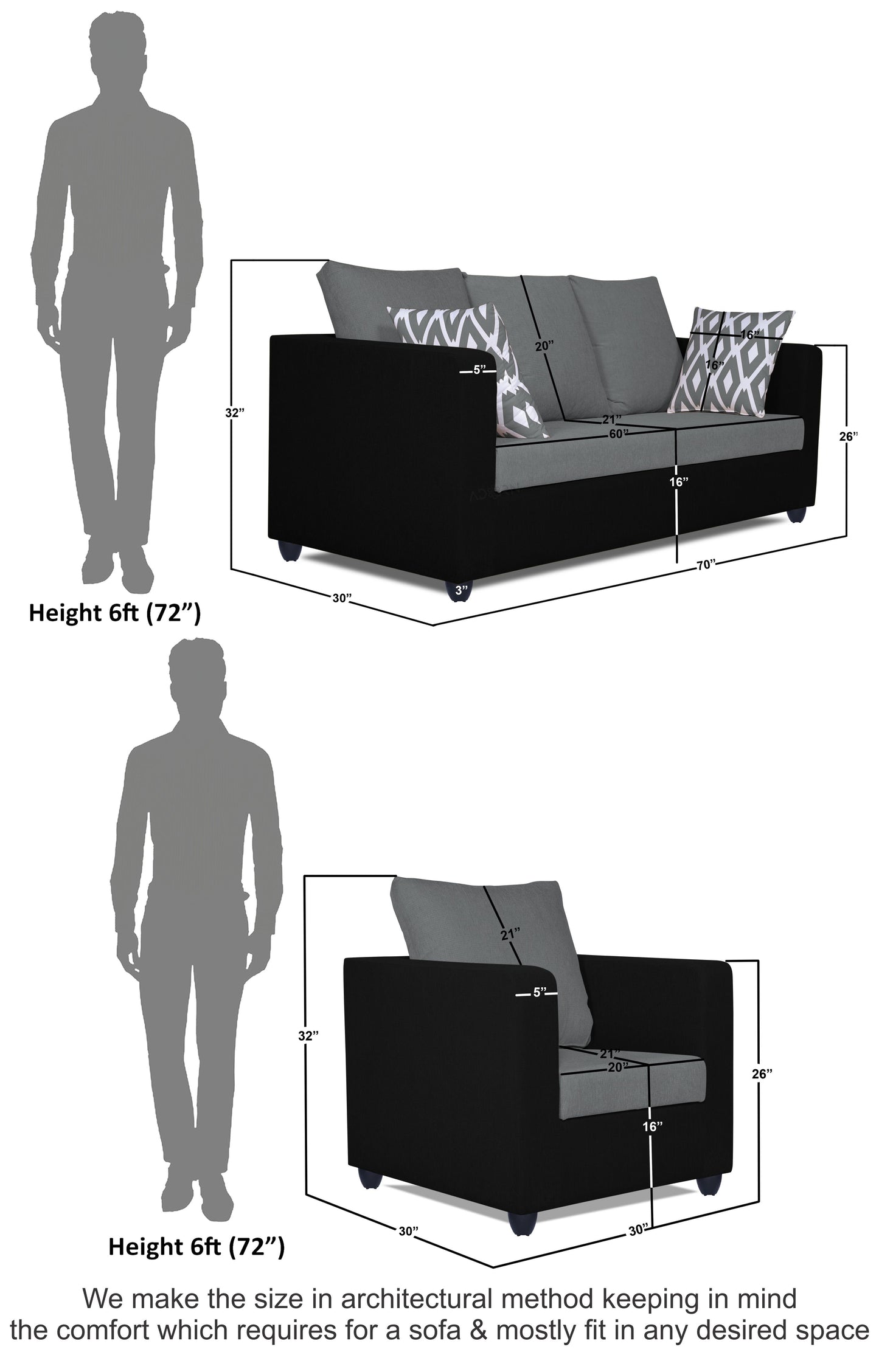 Adorn India Zink Straight Line 3-1-1 5 Seater Sofa Set(Black & Grey)