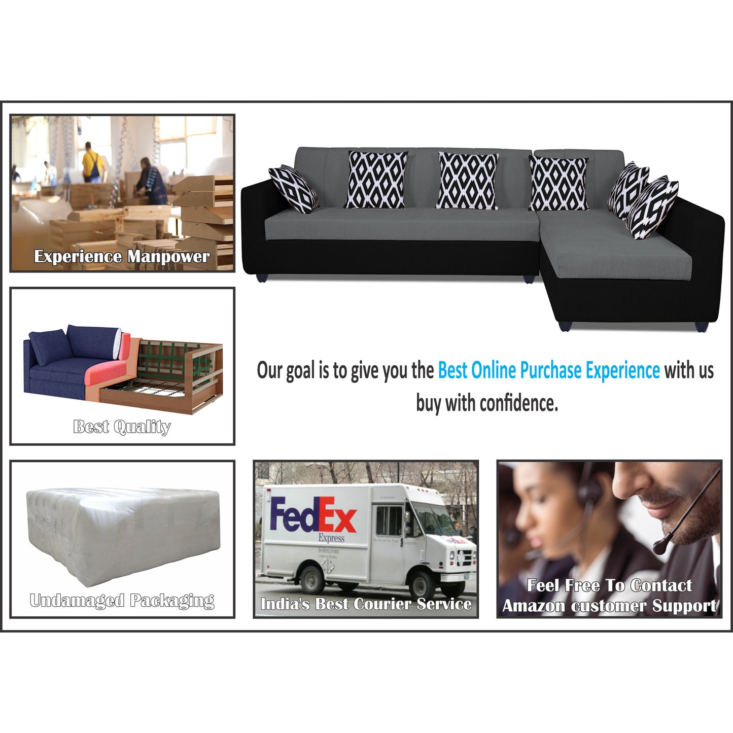 Adorn India Rio Highback L Shape 5 Seater coner Sofa Set (Grey & Black)(3 Year Warranty)