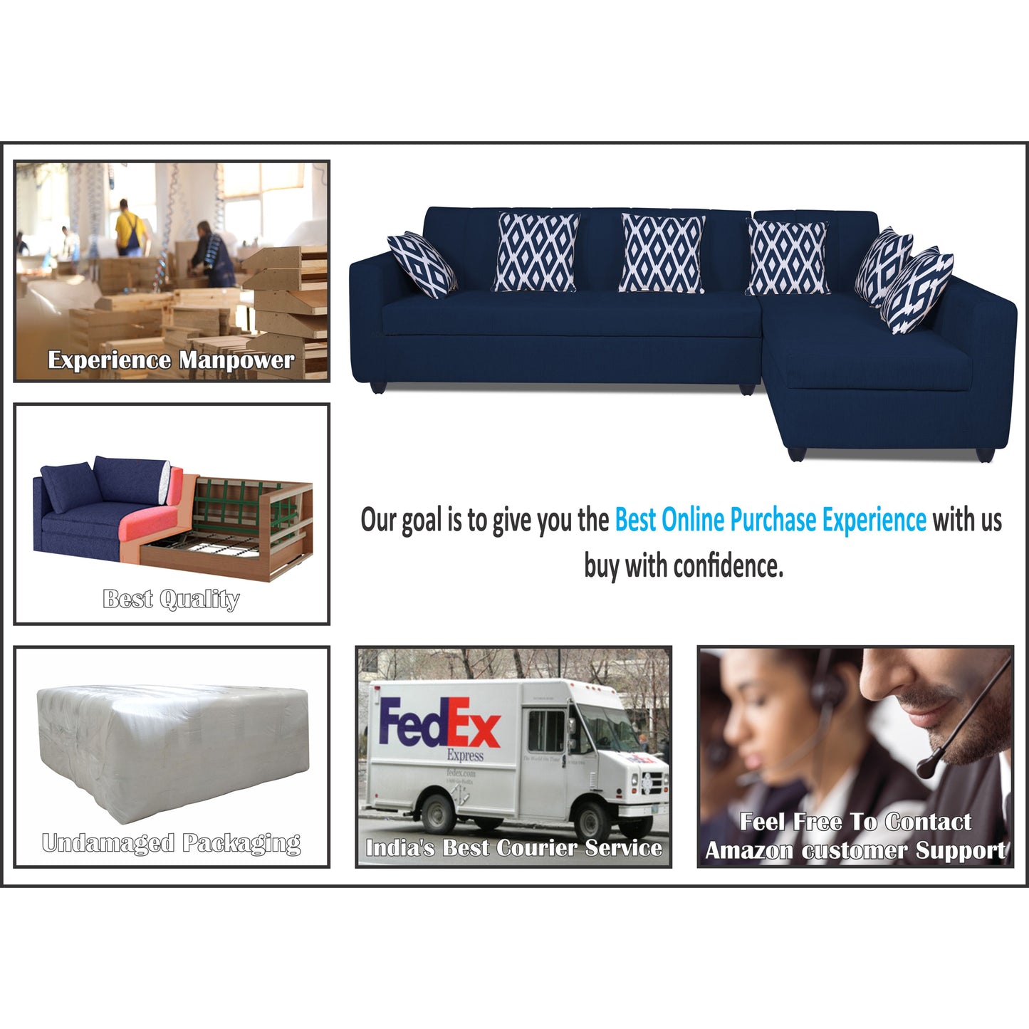 Adorn India Rio HighBack L Shape 6 Seater Sofa Set (Right Hand Side) (Blue) (3 Year Warranty)