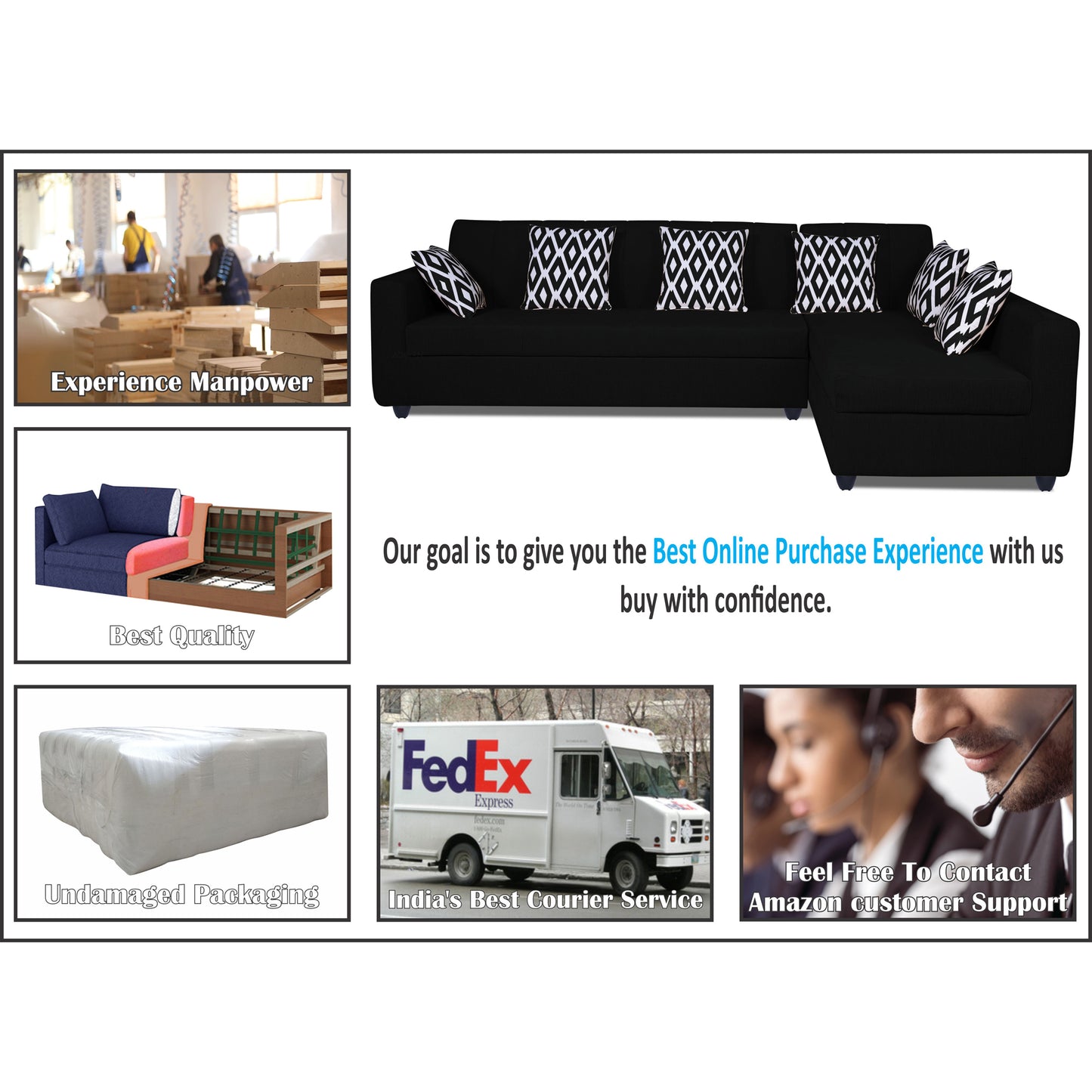 Adorn India Rio HighBack L Shape 6 Seater Sofa Set (Right Hand Side) (Black) (3 Year Warranty)