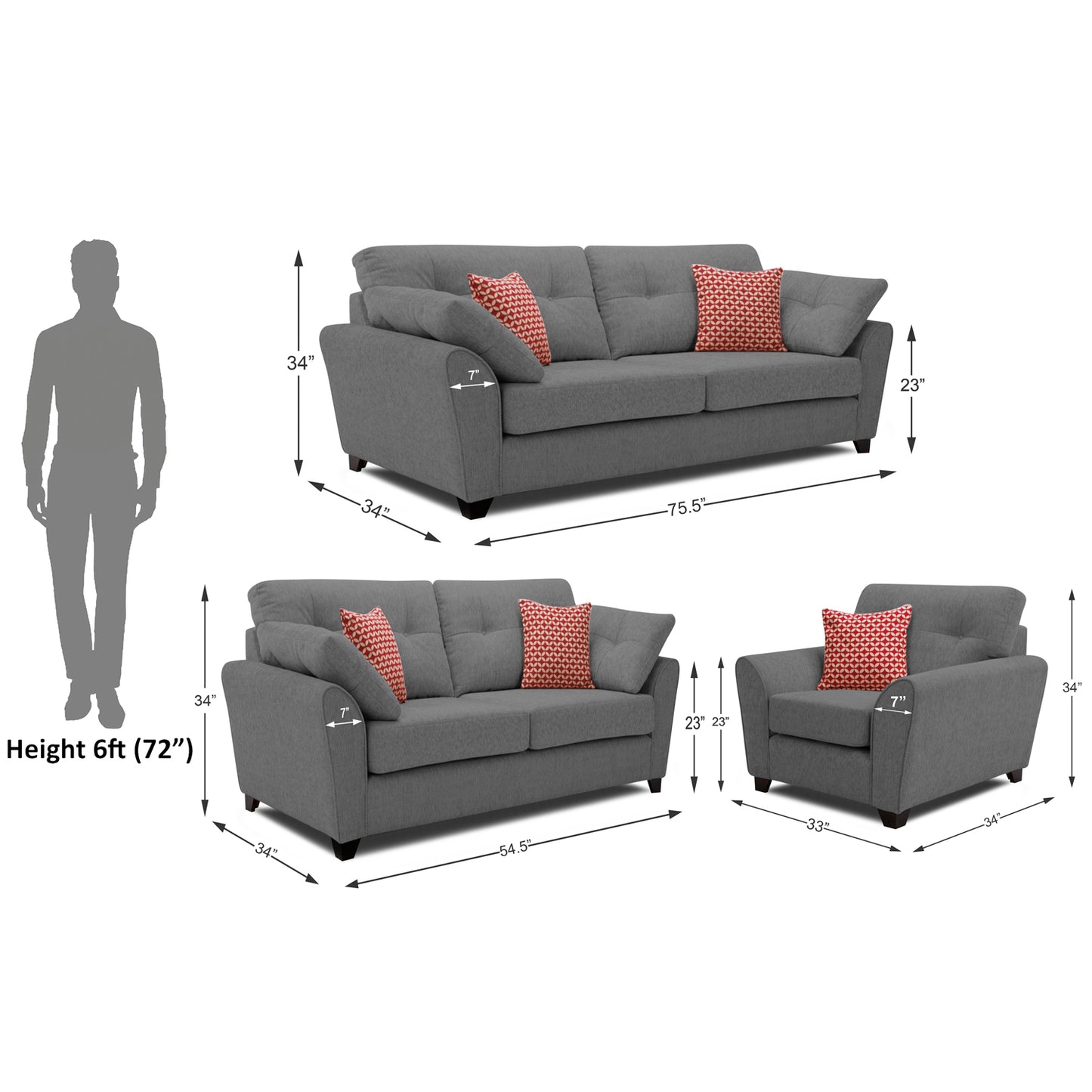 Adorn India Moris 3+2+1 6 Seater Fabric Sofa Set (Grey) (3 Year Warranty)