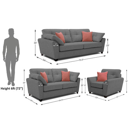 Adorn India Moris 3+2+1 6 Seater Fabric Sofa Set (Grey) (3 Year Warranty)