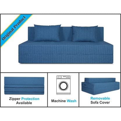 Adorn India Easy Three Seater Sofa Cum Bed Checks Design 6' x 6' (Blue)