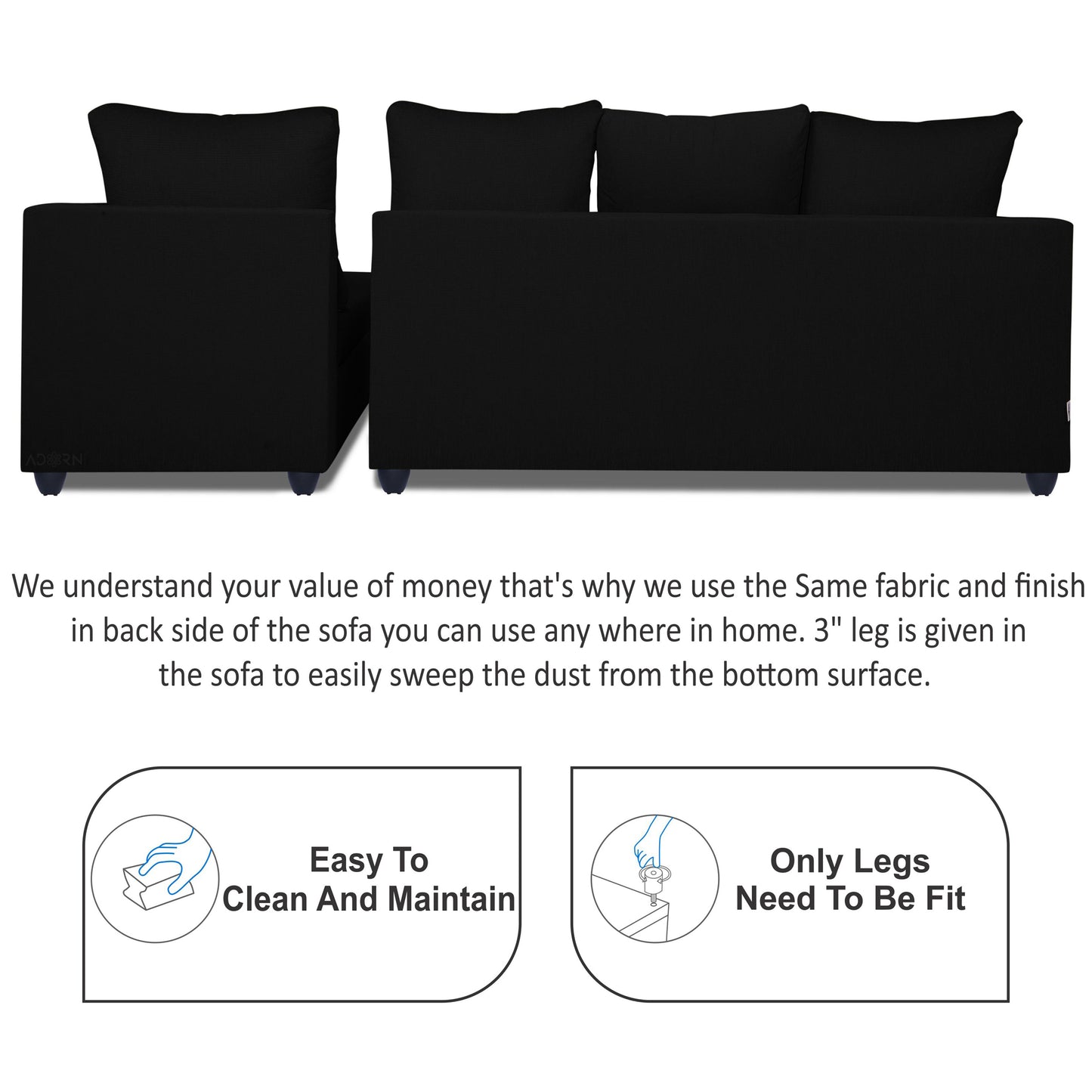 Adorn India Zink Straight line L Shape 6 Seater Sofa Plain Cushion(Black)