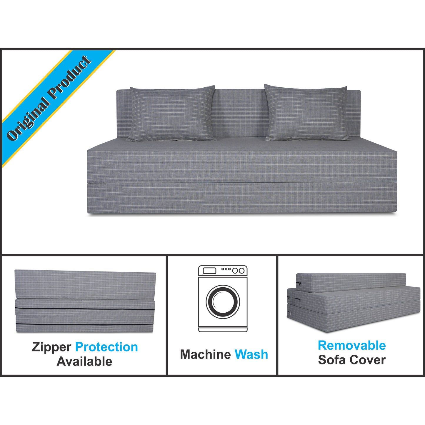 Adorn India Easy Three Seater Sofa Cum Bed Checks Design 6' x 6' (Beige)