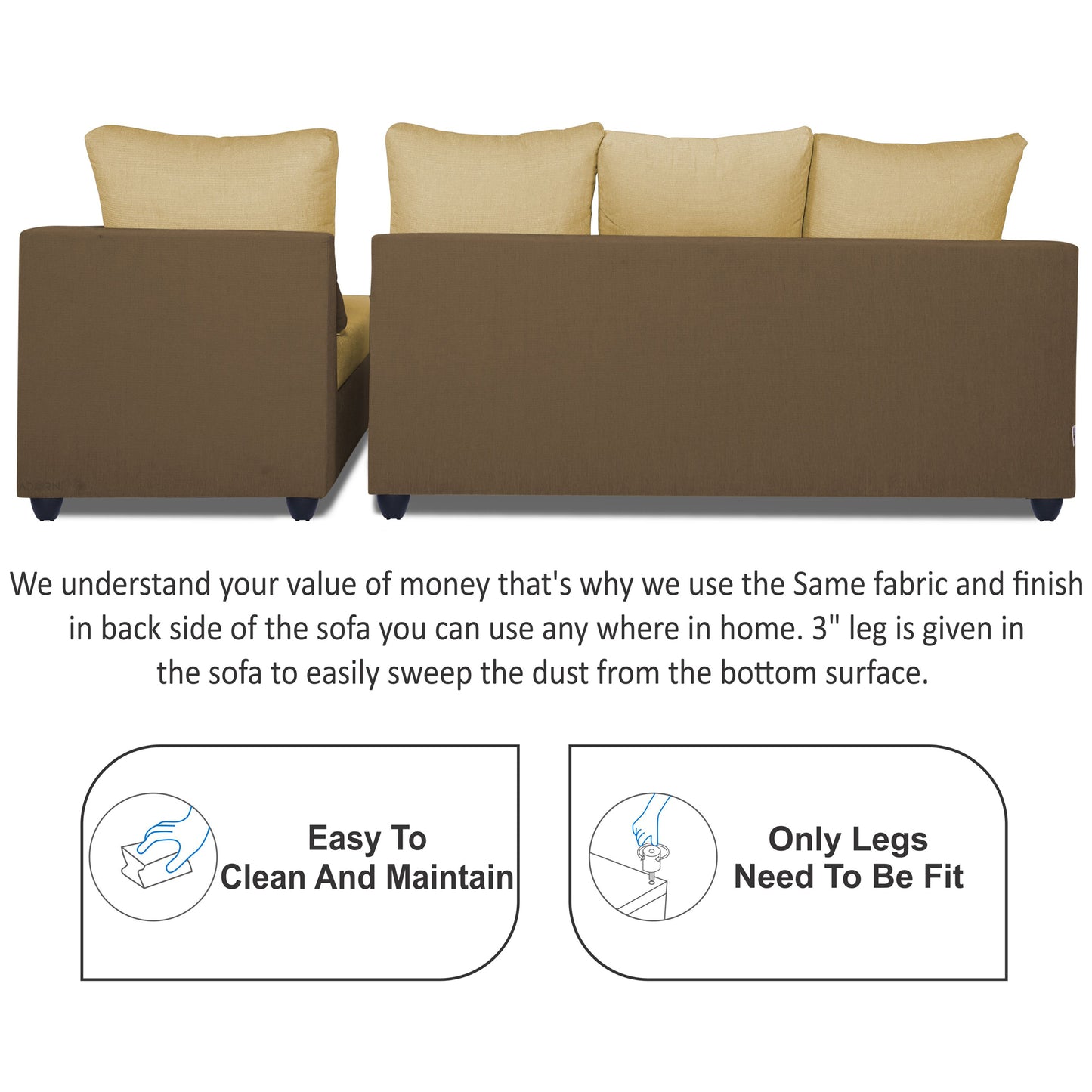 Adorn India Zink Straight line Wooden L Shape 5 Seater Sofa with Plain Cushion (Brown & Beige)