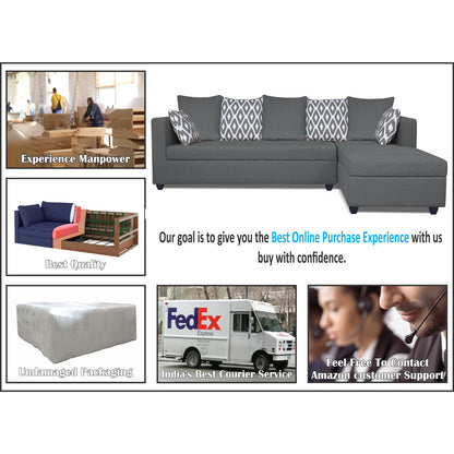 Adorn India Zink Straight Line L Shape 6 Seater Sofa Set Rhombus Cushion (Right Hand Side) (Grey)