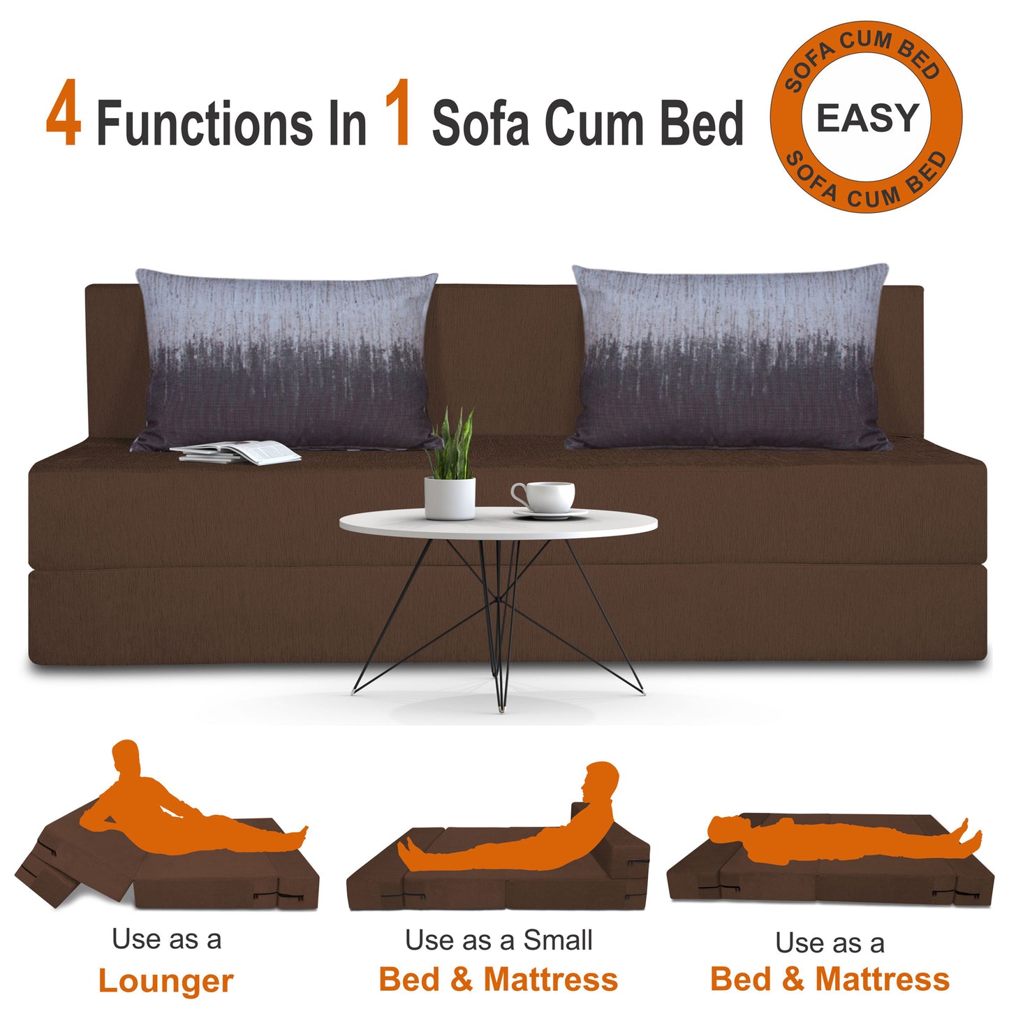 Adorn India Easy Three Seater Sofa Cum Bed Wave '6 x 6' (Brown)