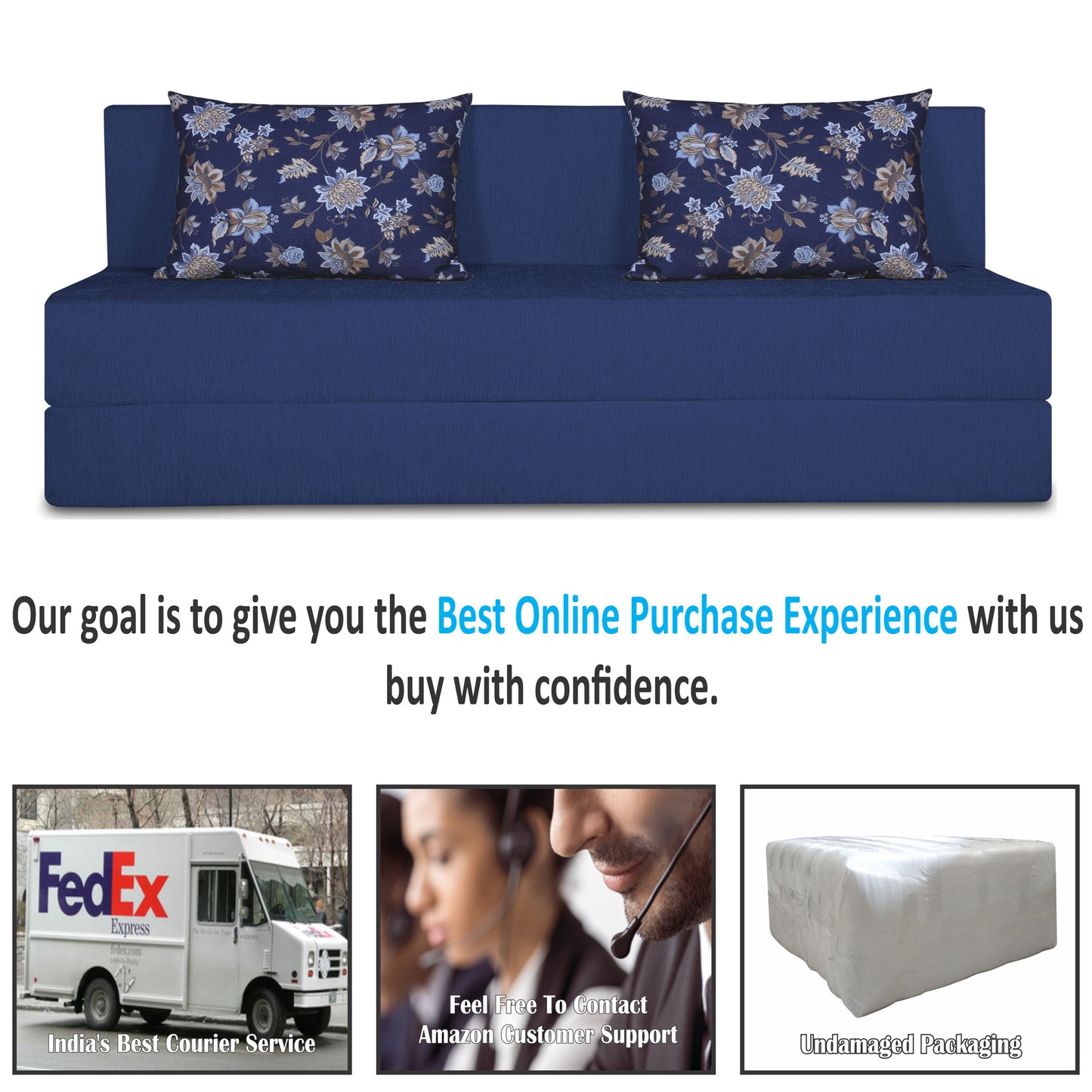 Adorn India Easy Three Seater Sofa Cum Bed Floral '6 x 6' (Fabric, Blue)