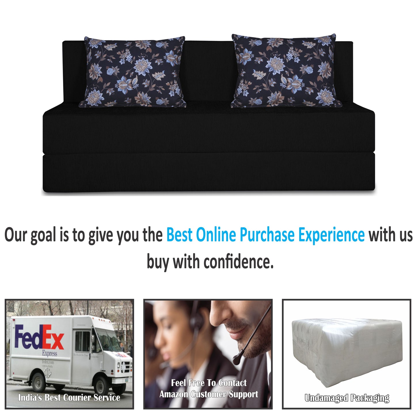 Adorn India Easy 3 Seater Sofa Cum Bed Floral '5 x 6' (Black)(1 Year Warranty)