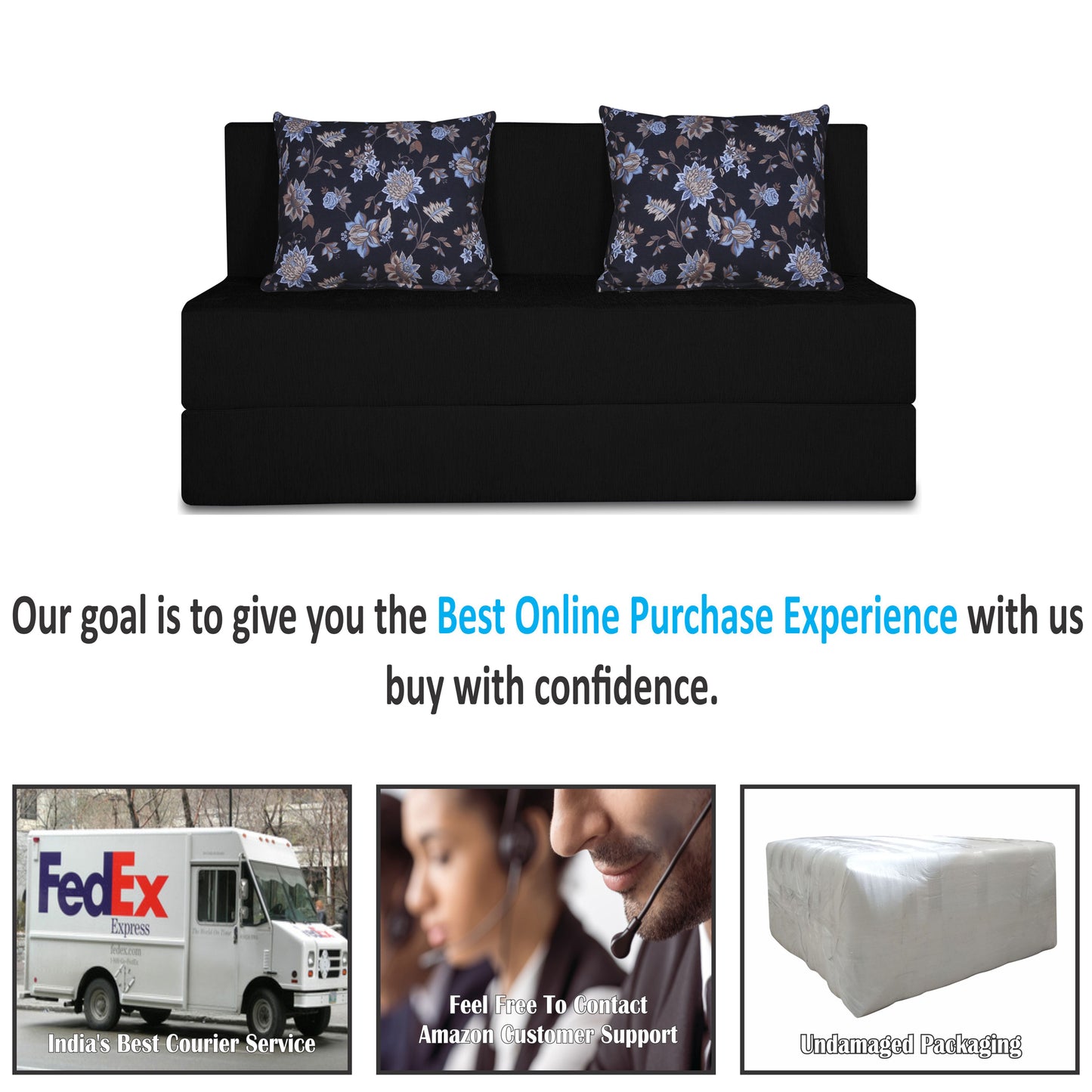 Adorn India Easy Two Seater Sofa Cum Bed Floral '4 x 6' (Black), Foam