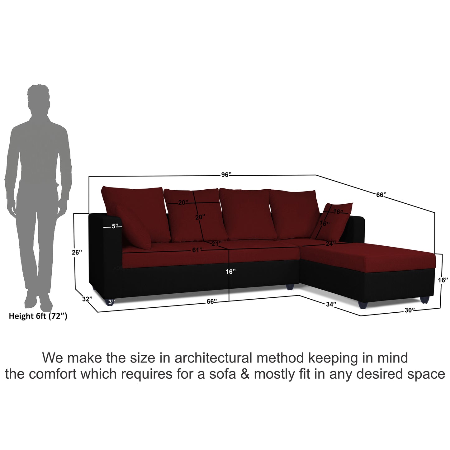 Adorn India Zink Straight line L Shape 6 Seater Sofa Plain Cushion (Maroon & Black)