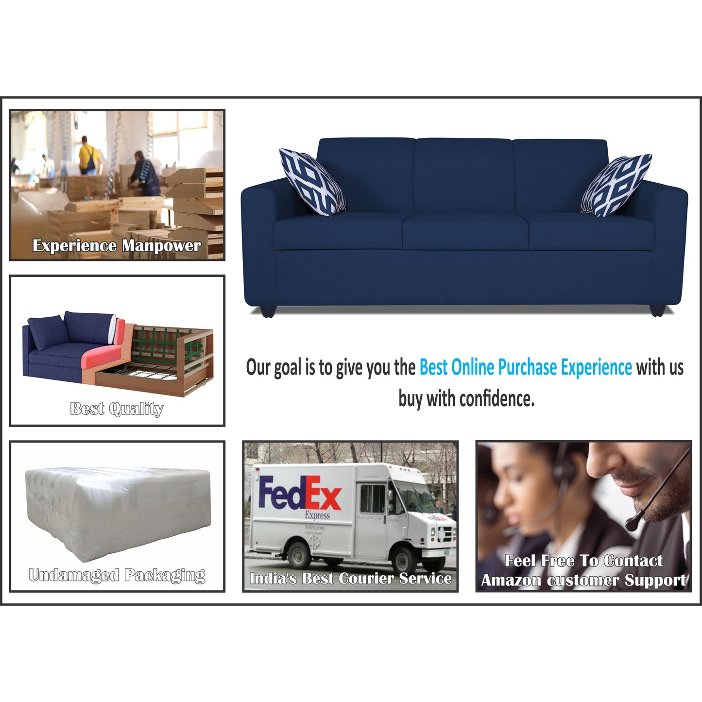 Adorn India Monteno 3 Seater Sofa (Blue) (3 Year Warranty)