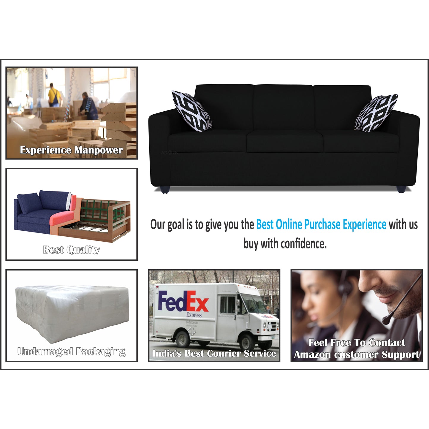 Adorn India Monteno 3-1-1 5 Seater Sofa Set (Black) (3 Year Warranty)