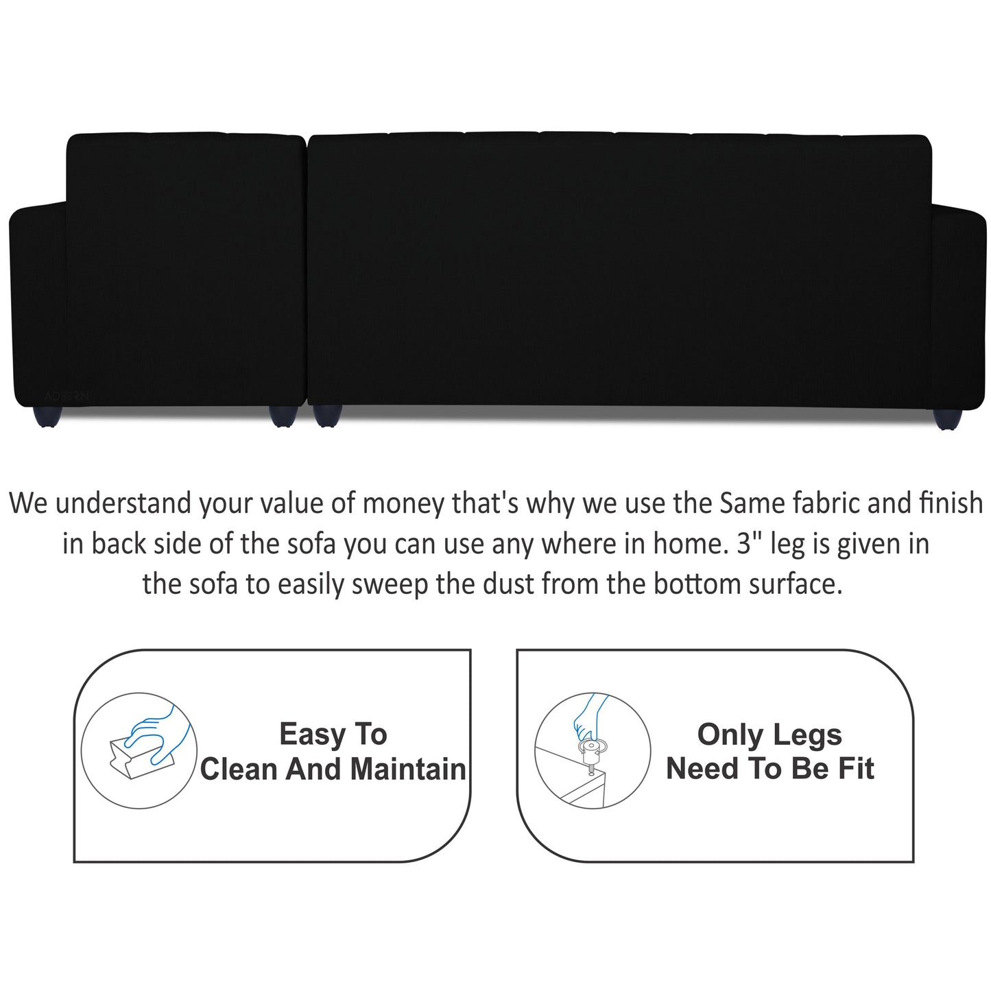 Adorn India Rio HighBack L Shape 6 Seater Sofa Set (Right Hand Side) (Black) (3 Year Warranty)