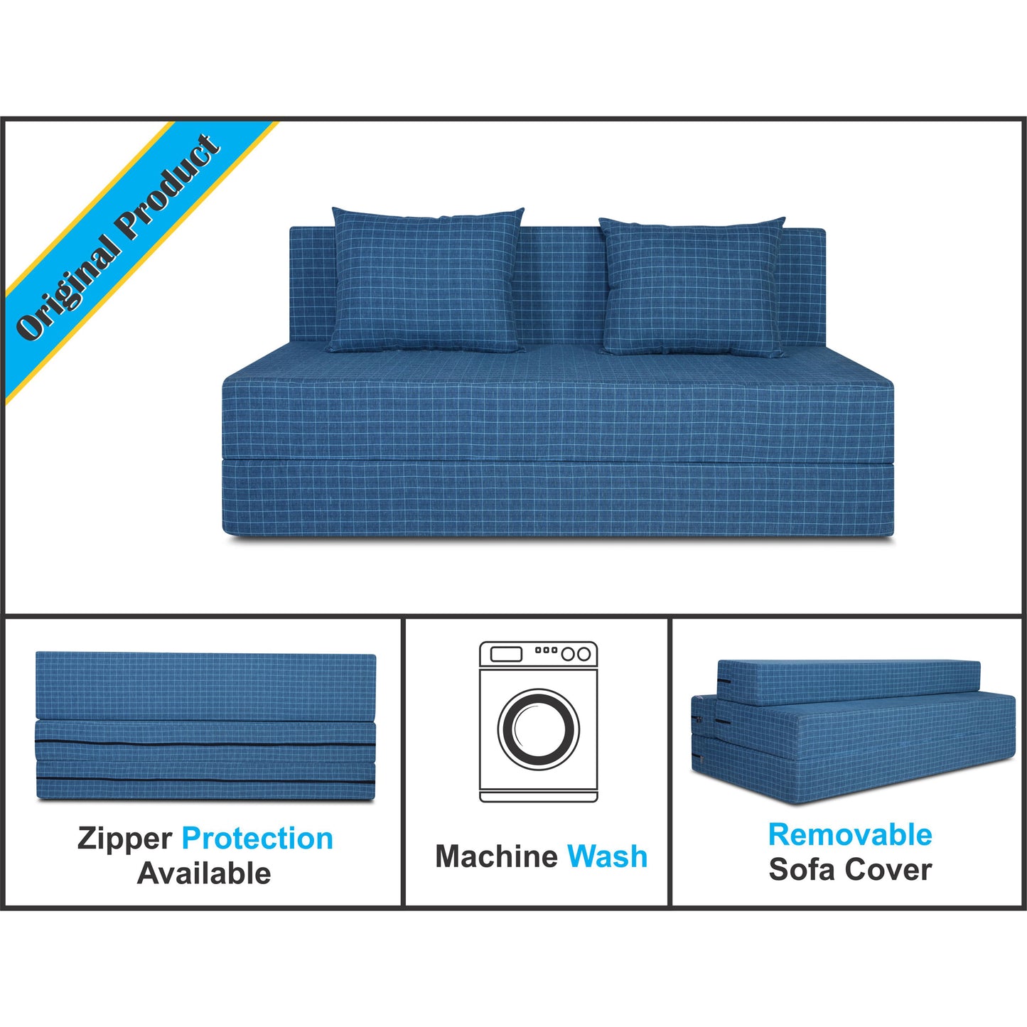 Adorn India Easy Three Seater Sofa Cum Bed Checks Design 5' x 6' (Blue)
