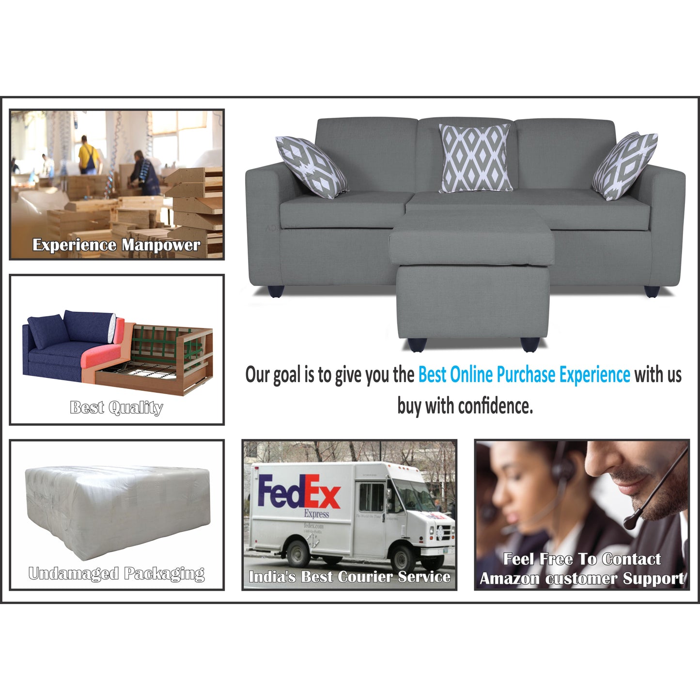 Adorn India Monteno L Shape 4 Seater Sofa Set (Grey) (3 Year Warranty)