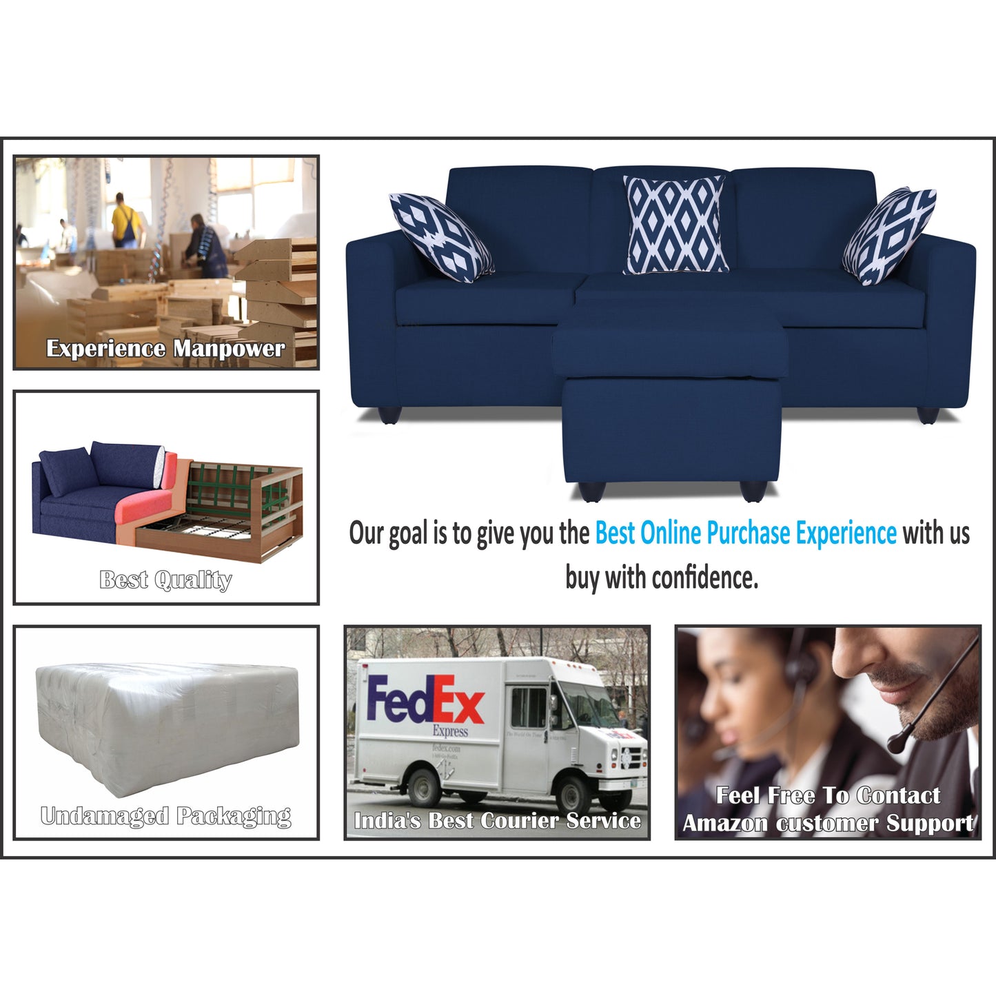 Adorn India Monteno L Shape 4 Seater Sofa Set (Blue) (3 Year Warranty)