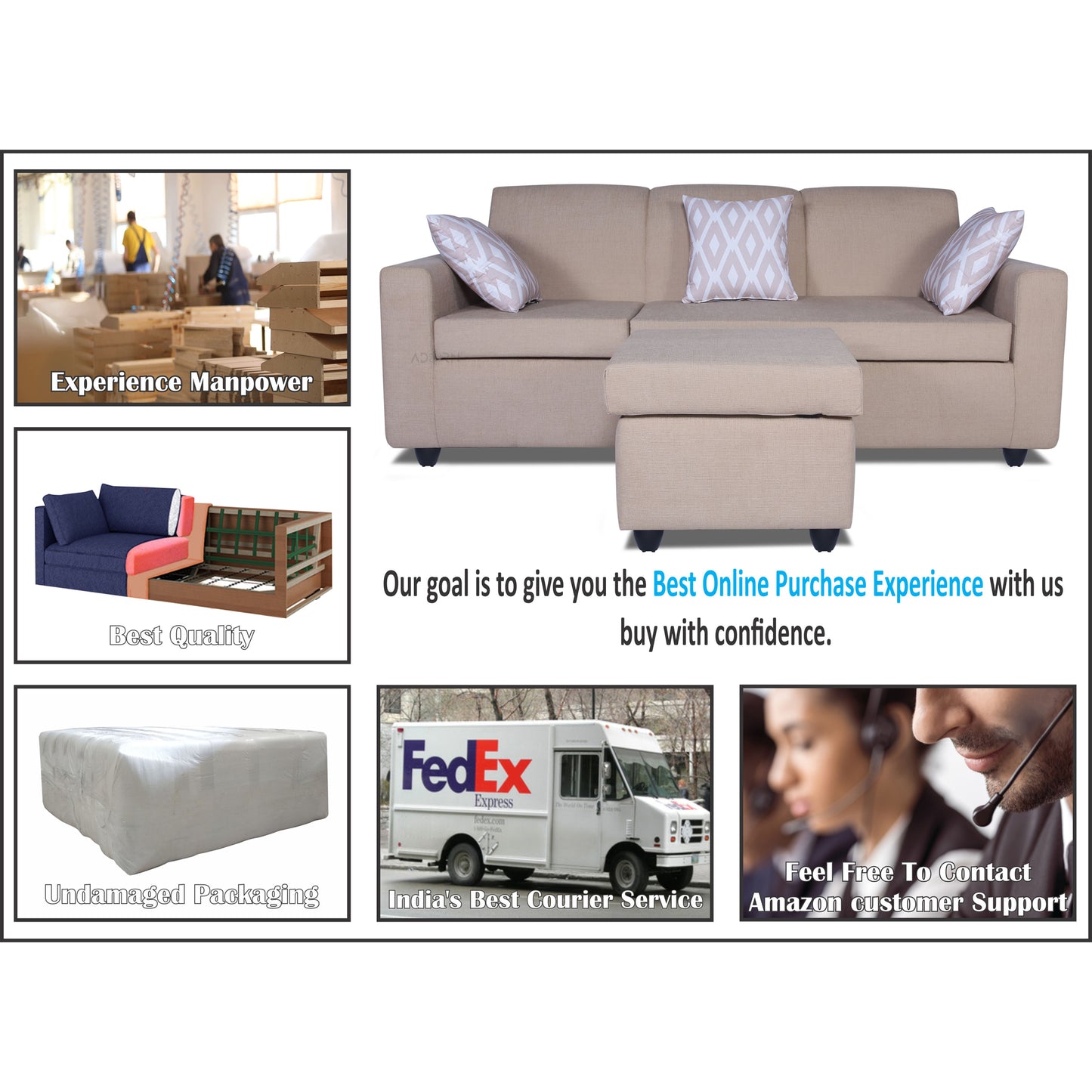 Adorn India Monteno L Shape 4 Seater Sofa Set (Beige) (3 Year Warranty)