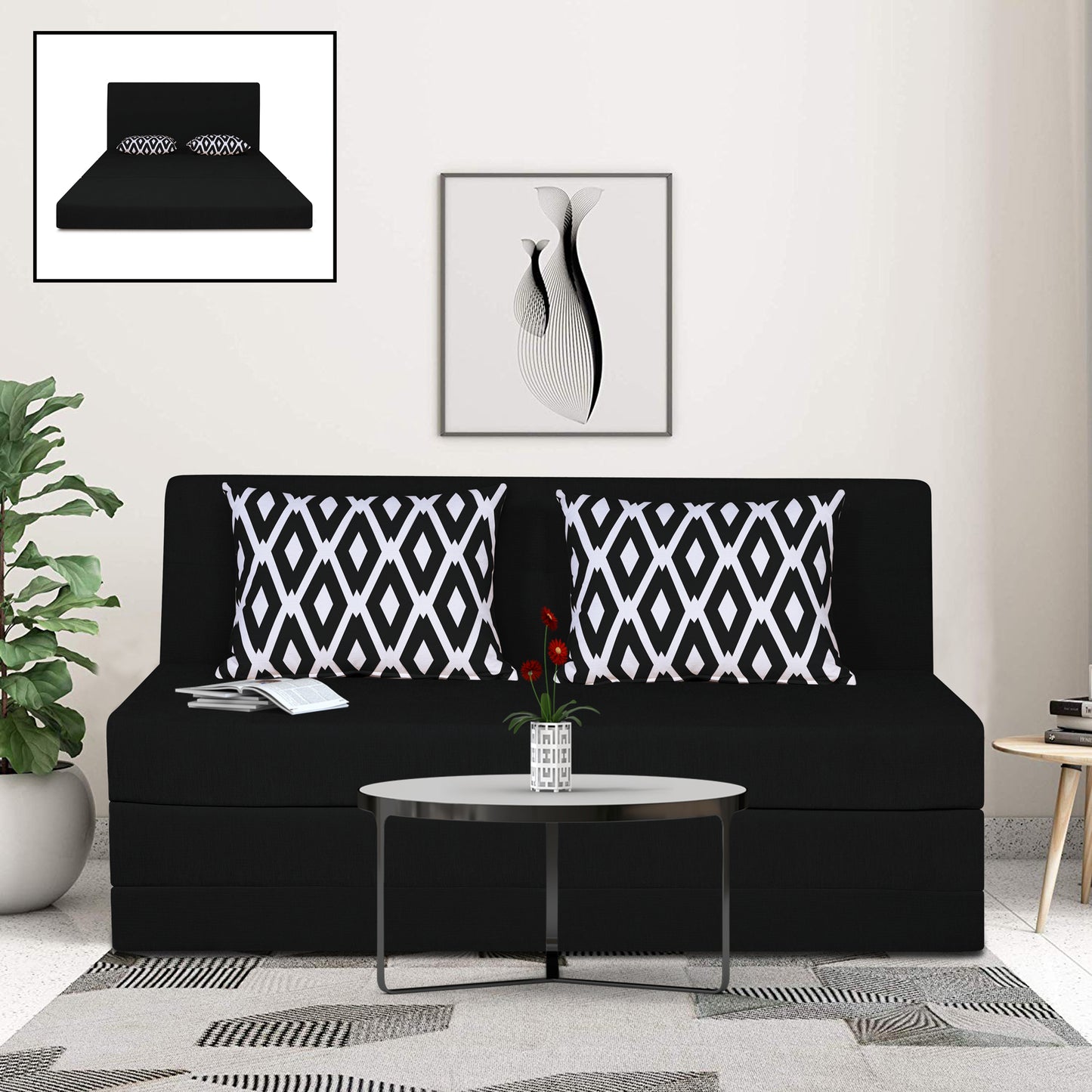 Adorn India Easy Highback Three Seater Sofa Cum Bed Rhombus 5' x 6' (Black) (1 Year Warranty)