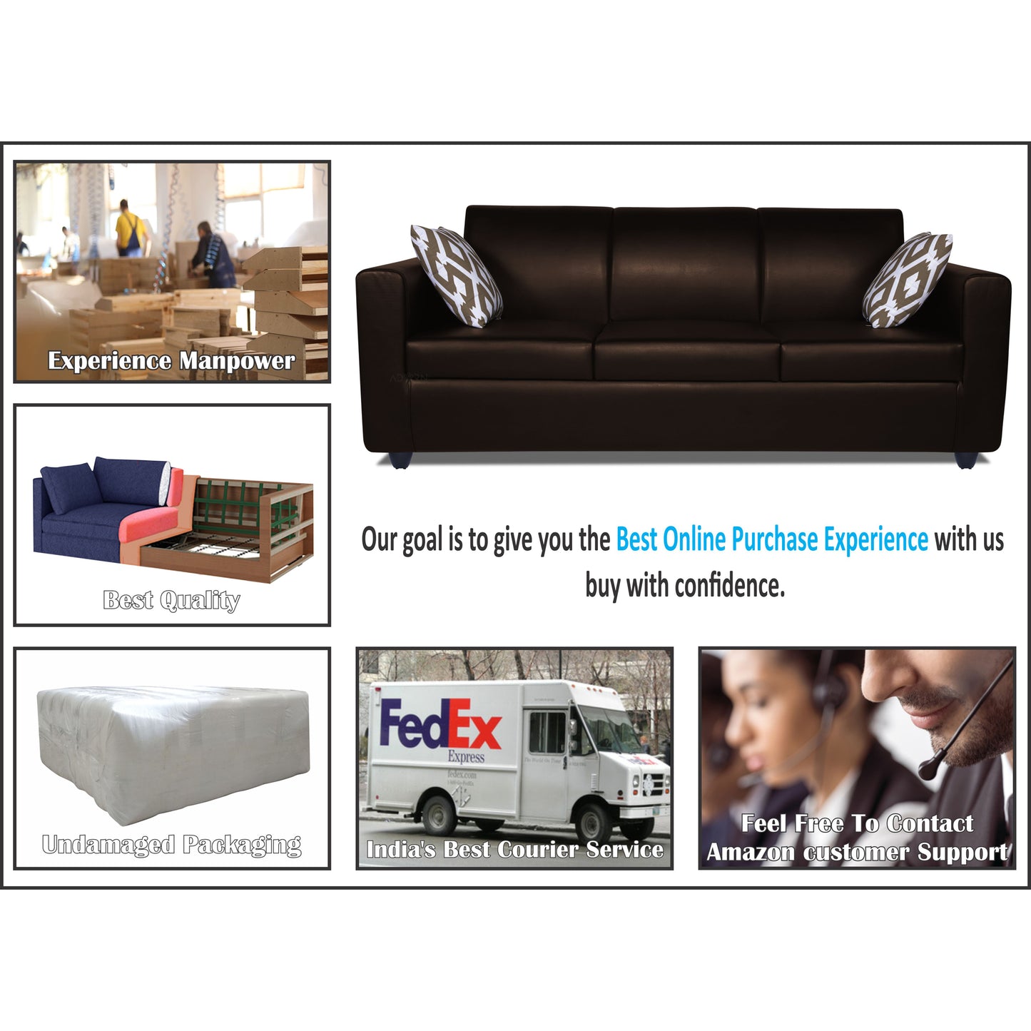 Adorn India Monteno Leatherette 3+1+1 5 Seater Sofa Set (Brown) (3 Year Warranty)