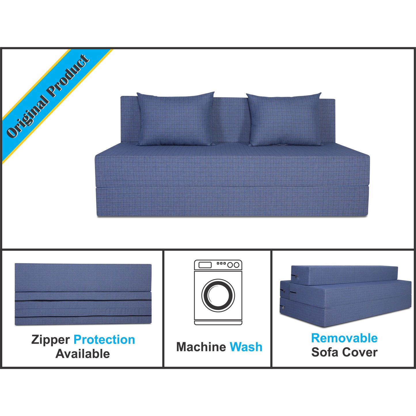 Adorn India Easy Three Seater Sofa Cum Bed Checks Design 5' x 6' (Grey)