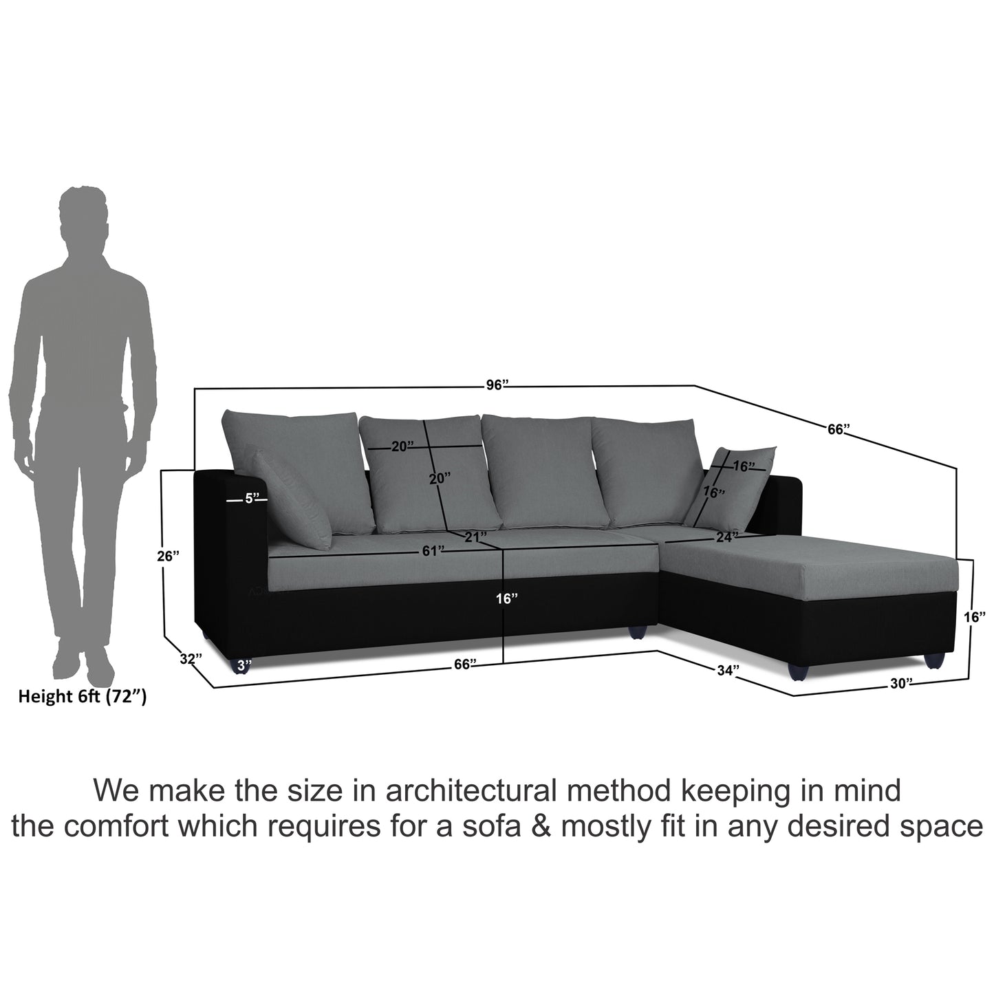 Adorn India Zink Straight line L Shape 6 Seater Sofa Plain Cushion (Grey & Black)