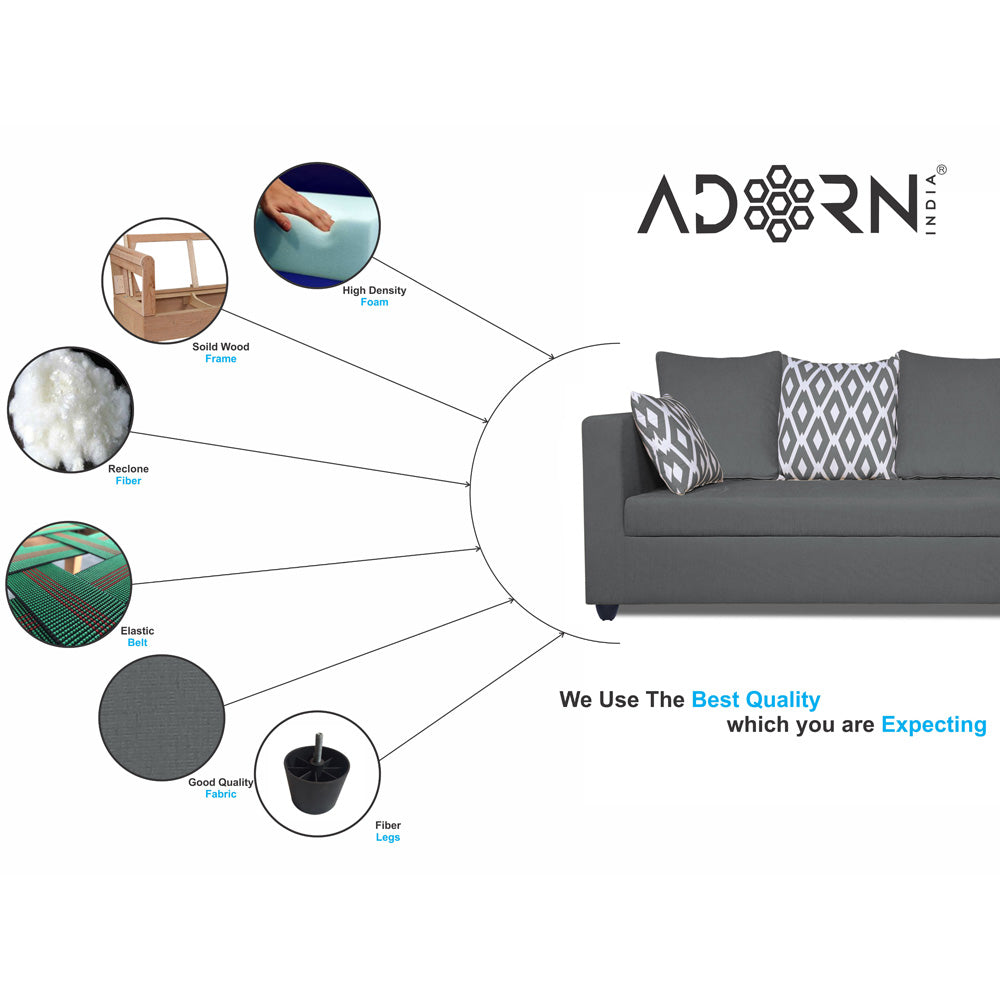 Adorn India Zink Straight Line L Shape 6 Seater Sofa Set Rhombus Cushion (Right Hand Side) (Grey)