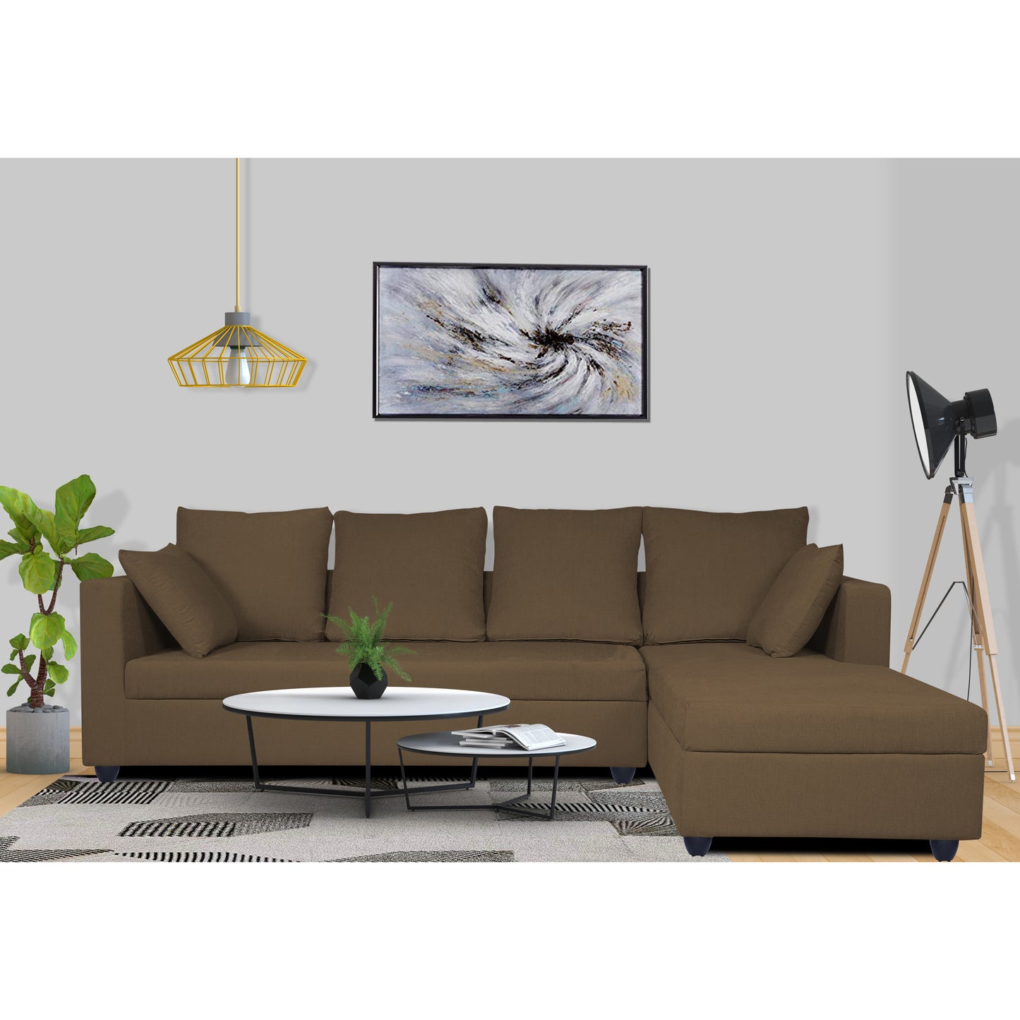 Adorn India Zink Straight line L Shape 6 Seater Sofa Plain Cushion(Camel)