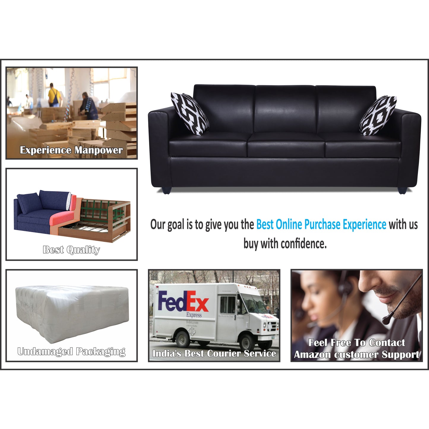 Adorn India Monteno Leatherette 3+1+1 5 Seater Sofa Set (Black) (3 Year Warranty)