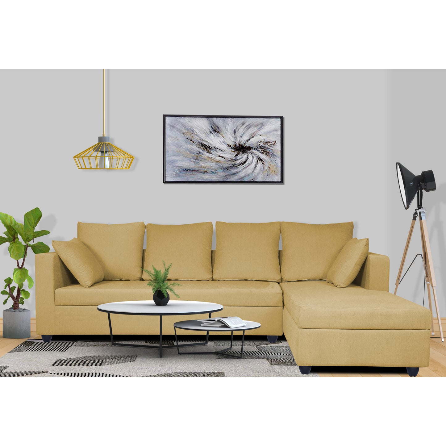 Adorn India Zink Straight line L Shape 6 Seater Sofa Plain Cushion (Beige)