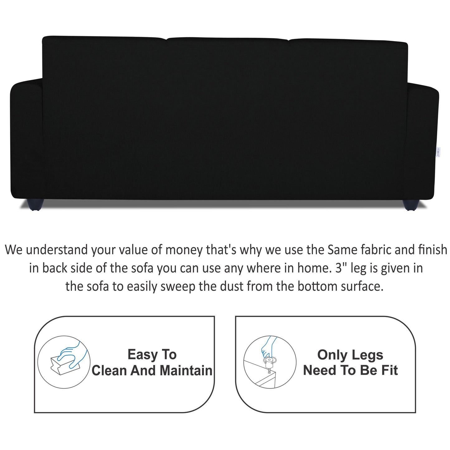 Adorn India Monteno 3 Seater Sofa (Black) (3 Year Warranty)