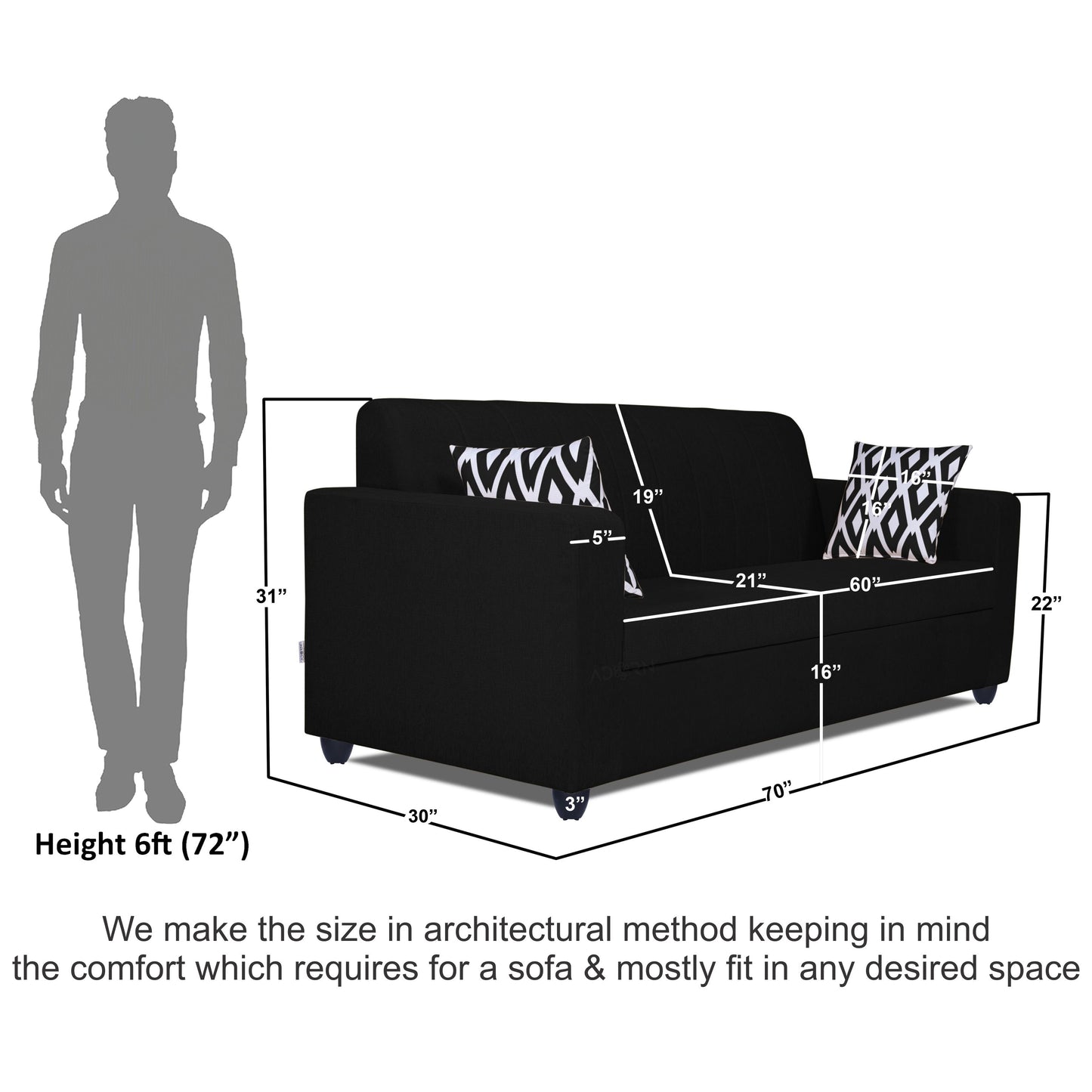 Adorn India Rio Highback 3 Seater Sofa (Black) (3 Year Warranty)
