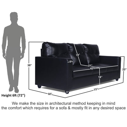 Adorn India Astor Leatherette 3-Person Sofa (Black) (3 Year Warranty)