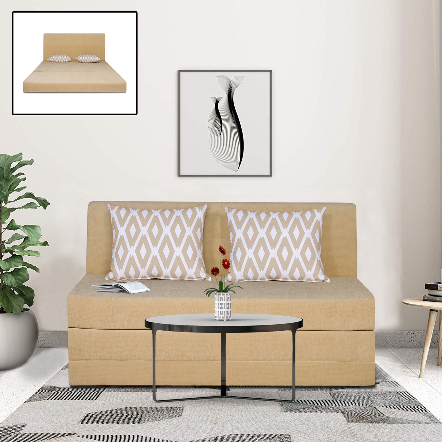 Adorn India Easy Highback Two Seater Sofa Cum Bed Rhombus 4' x 6' (Beige) (1 Year Warranty)