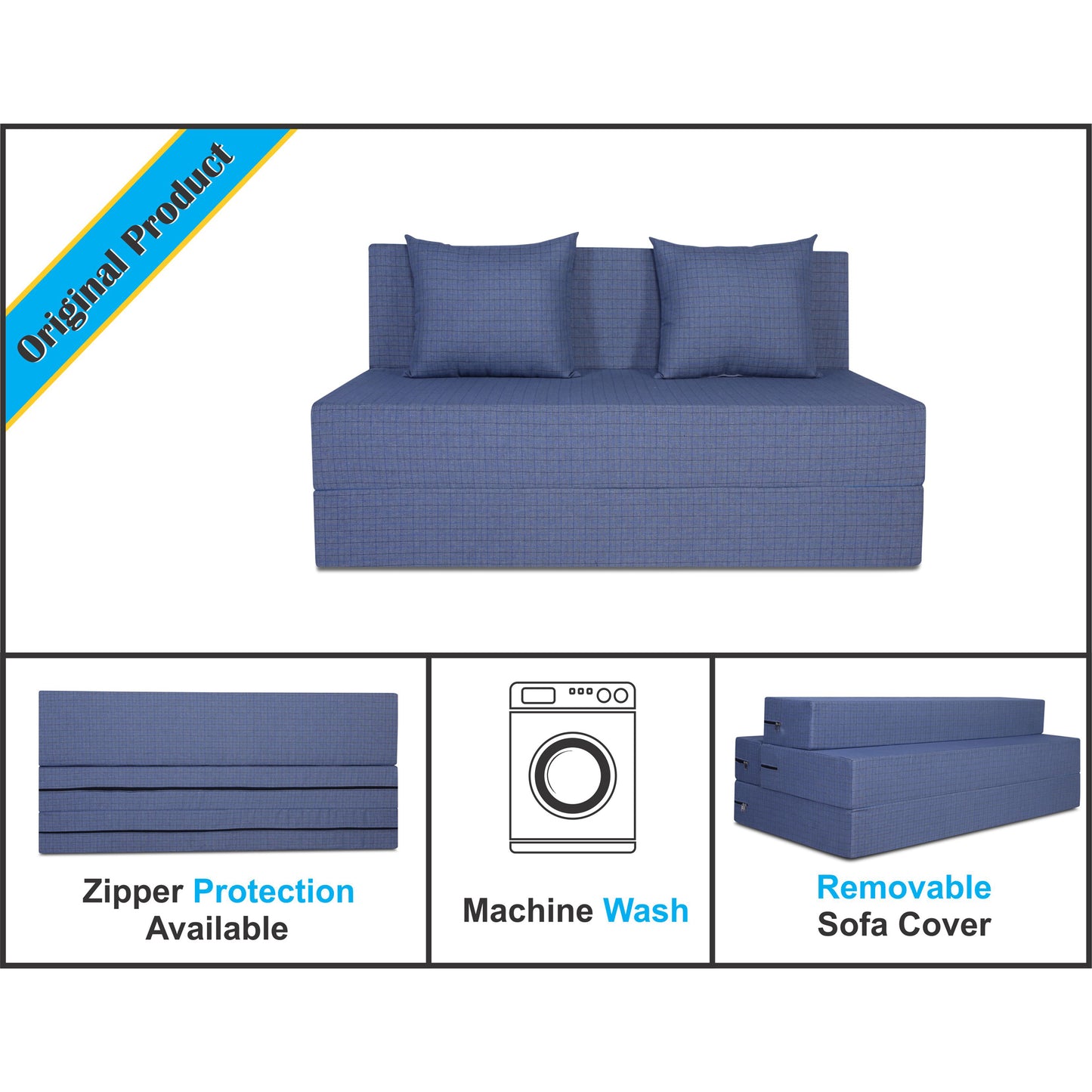 Adorn India Easy Two Seater Sofa Cum Bed Checks Design 4' x 6' (Grey)
