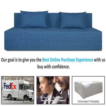 Adorn India Easy Three Seater Sofa Cum Bed Checks Design 6' x 6' (Blue)
