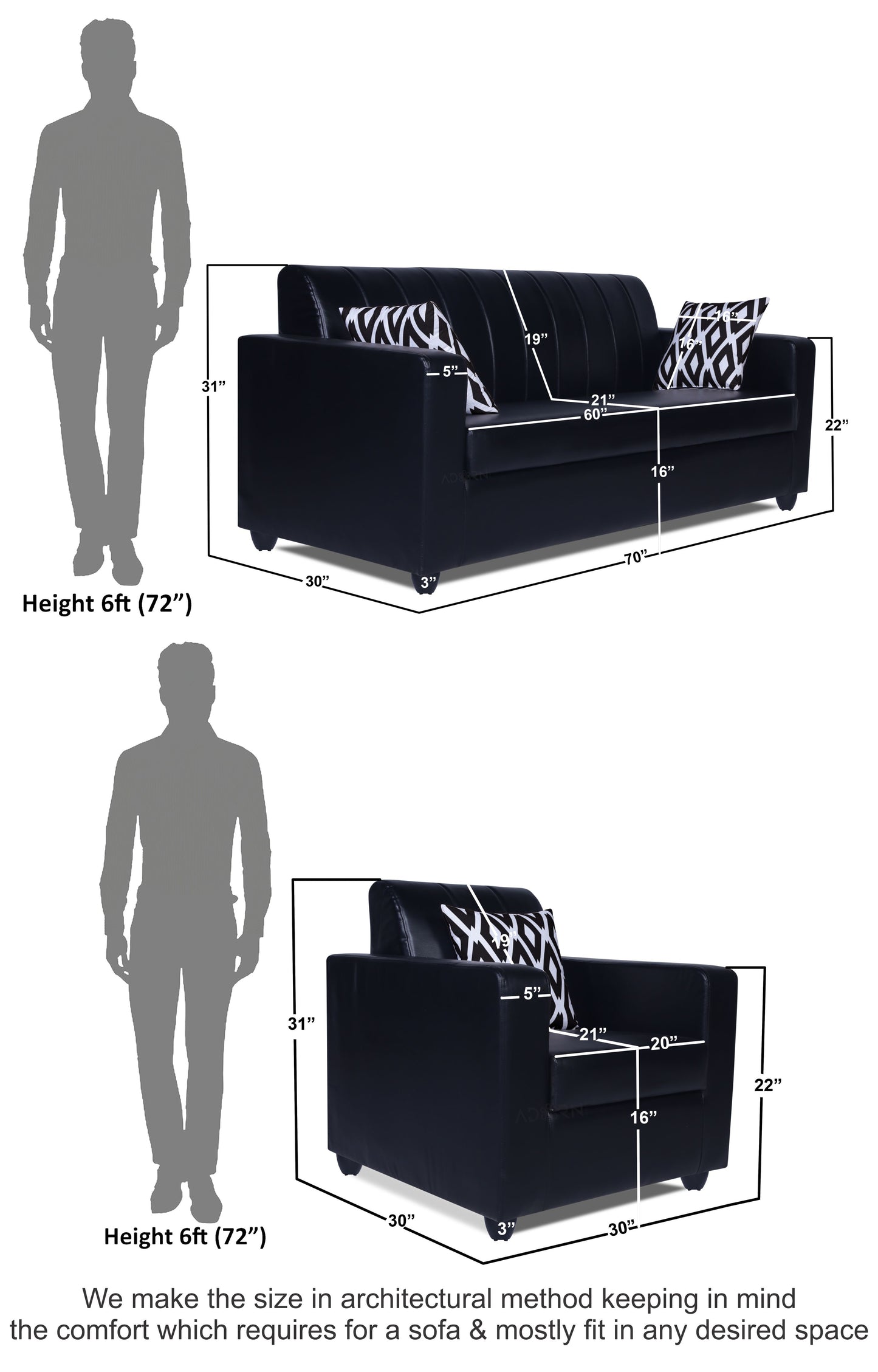 Adorn India Rio Highback Leatherette 3+1+1 5 Seater Sofa Set (Black) (3 Year Warranty)