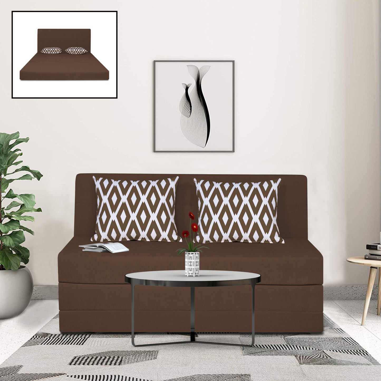 Adorn India Easy Highback Two Seater Sofa Cum Bed Rhombus 4' x 6' (Brown) (1 Year Warranty)