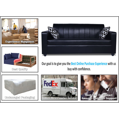 Adorn India Rio Highback Leatherette 3 Seater Sofa (Black) (3 Year Warranty)