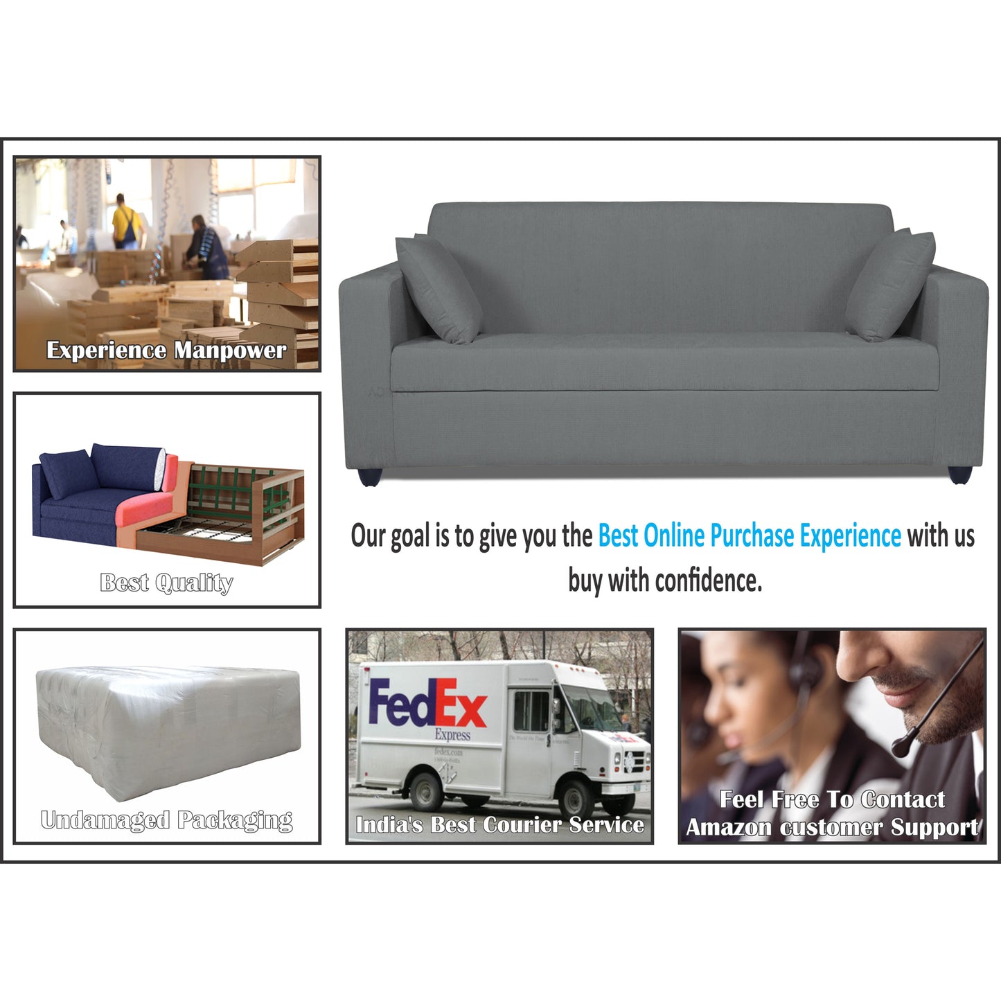 Adorn India Rio Decent 3-1-1 5 Seater Sofa Set (Grey) (3 Year Warranty)
