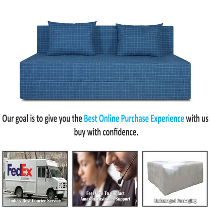 Adorn India Easy Three Seater Sofa Cum Bed Checks Design 5' x 6' (Blue)