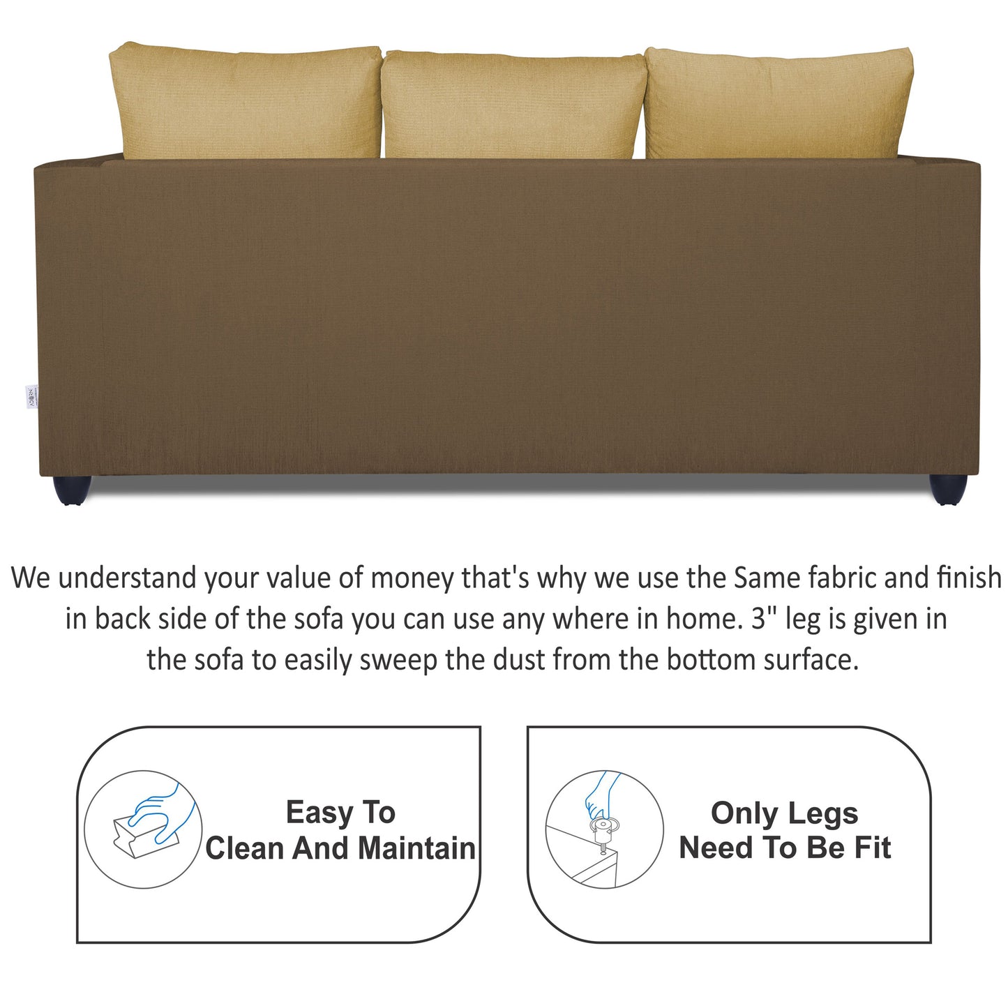 Adorn India Zink Straight Line 3 Seater Sofa (Brown & Beige)