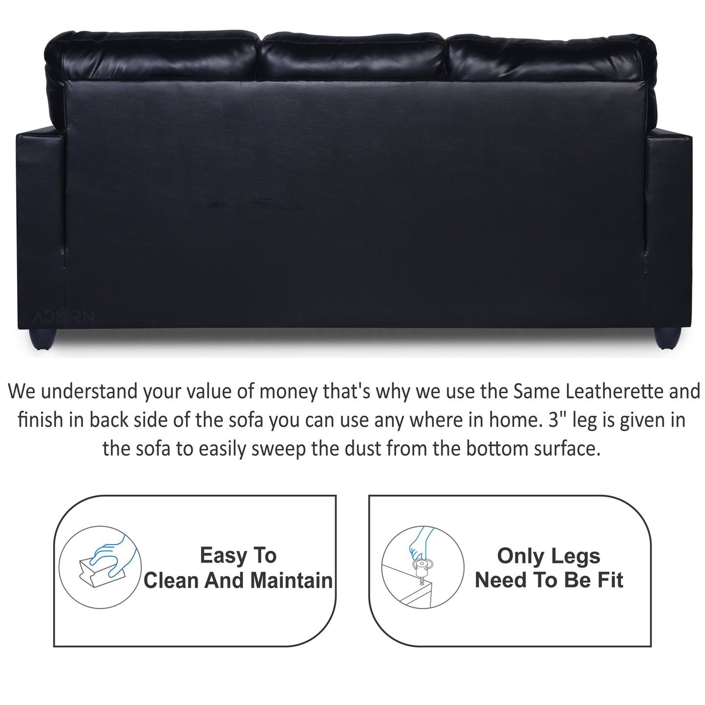 Adorn India Astor Leatherette 3+1+1 5 Seater Sofa Set (Black) (3 Year Warranty)