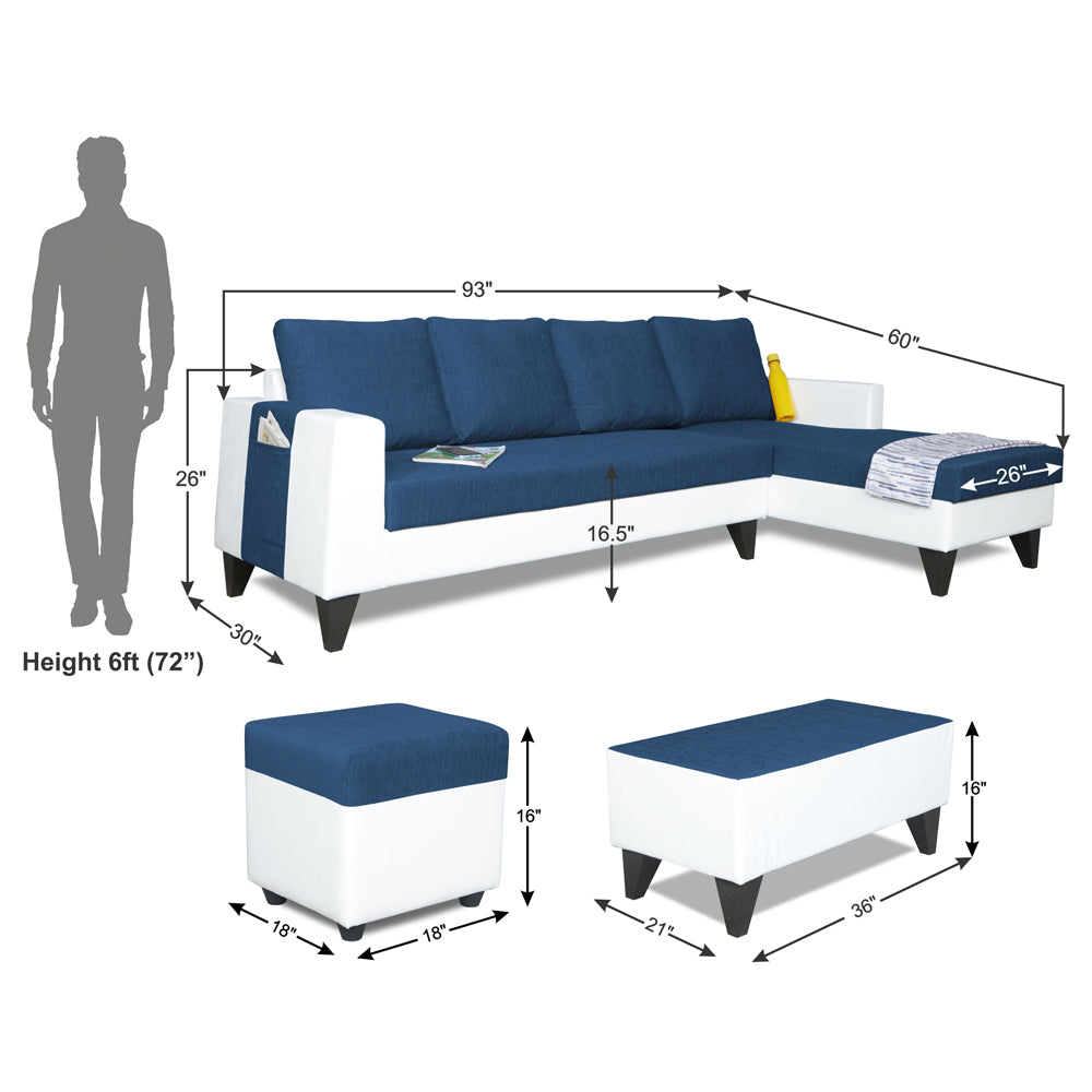 Adorn India Ashley Plain Leatherette Fabric L Shape 8 Seater Sofa Set with 2 Ottoman Puffy & Center Table RHS (Blue & White) (3 Year Warranty)