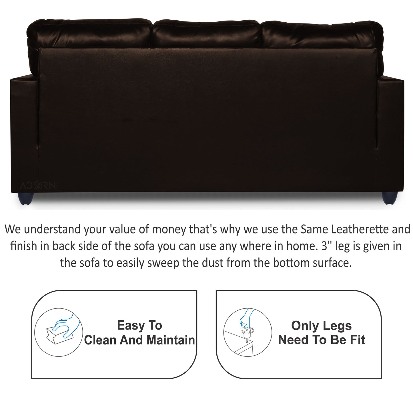 Adorn India Astor Leatherette 3 Seater Sofa (Brown) (3 Year Warranty)