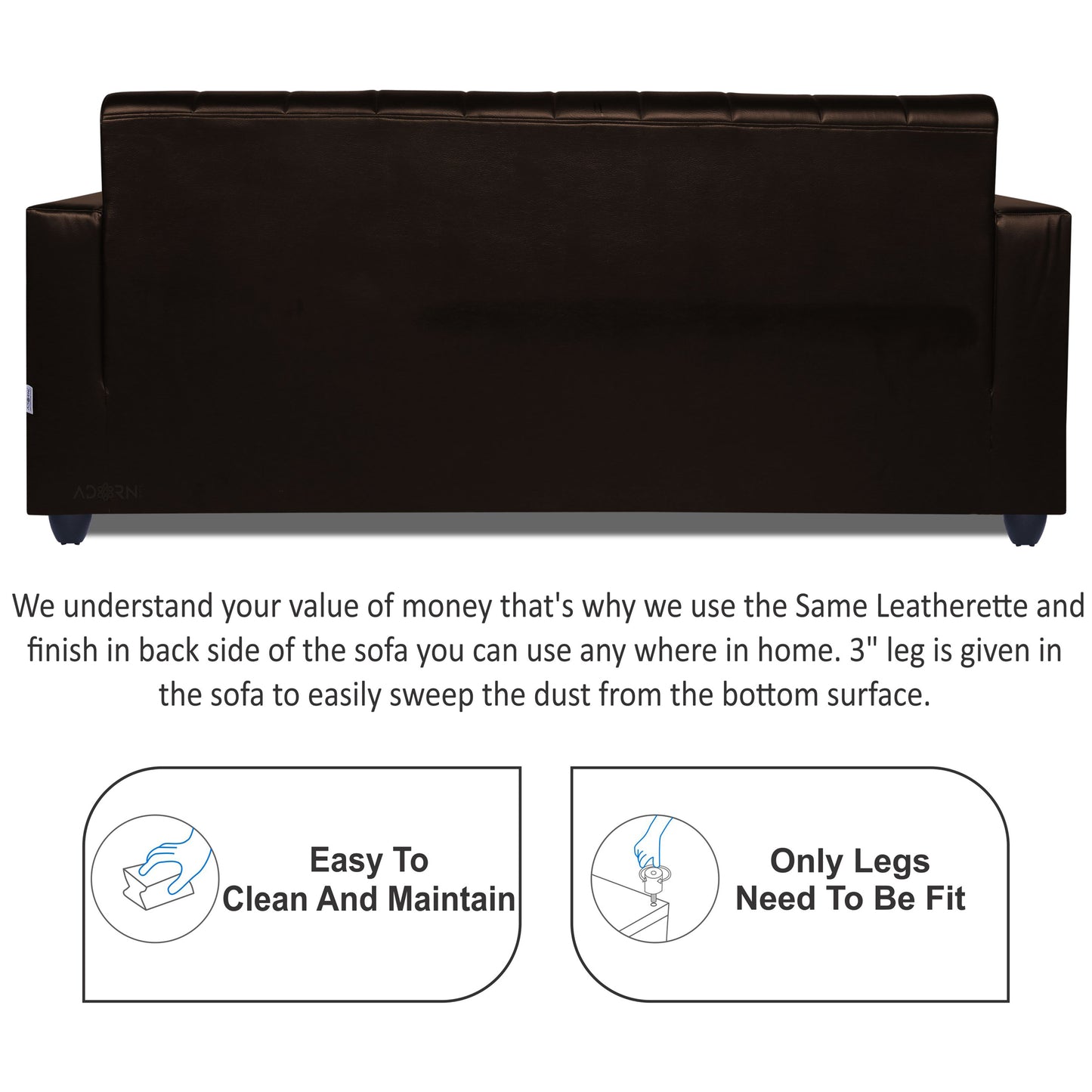 Adorn India Rio Highback Leatherette 3 Seater Sofa (Brown) (3 Year Warranty)