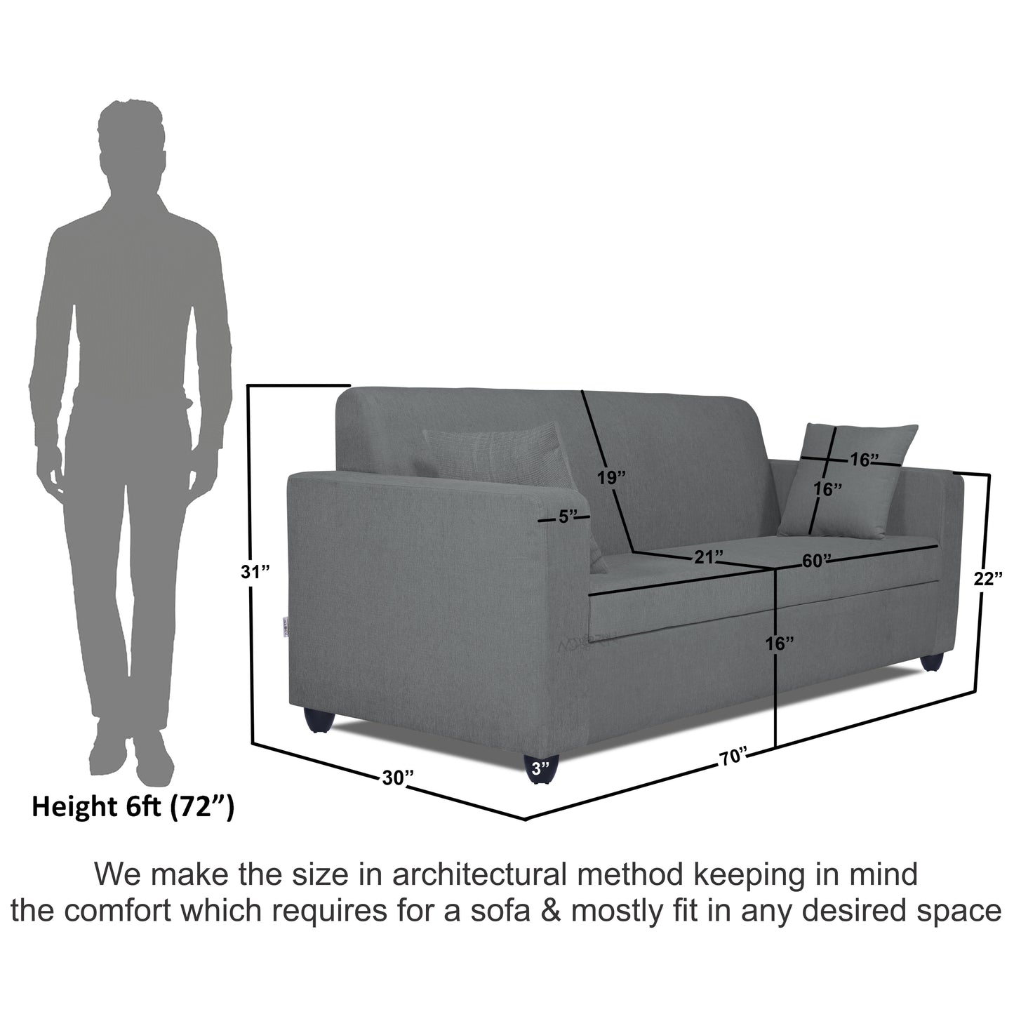 Adorn India Rio Decent 3 Seater Sofa(Grey) (3 Year Warranty)